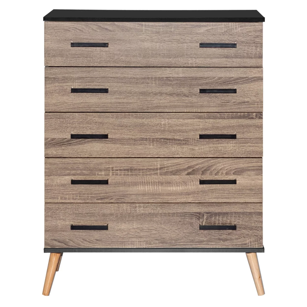 Eli Mid-Century Modern 5 Drawer Chest in Black & Sonoma Oak