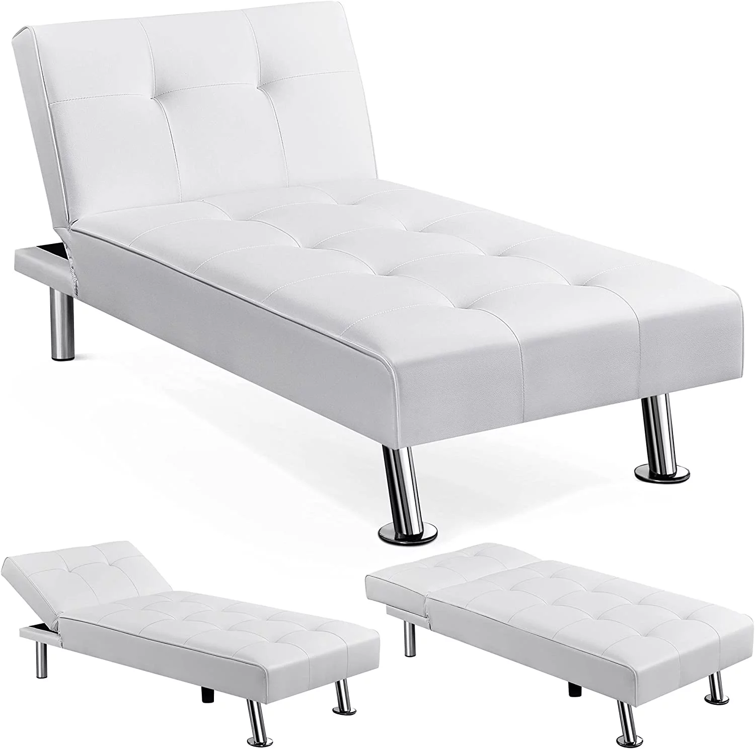 Sectional Living Room Couch Sofa Bed Faux Leather Sofa Couch Bed Modern Convertible Folding Recliner with Chrome Metal Legs for Living Room in White