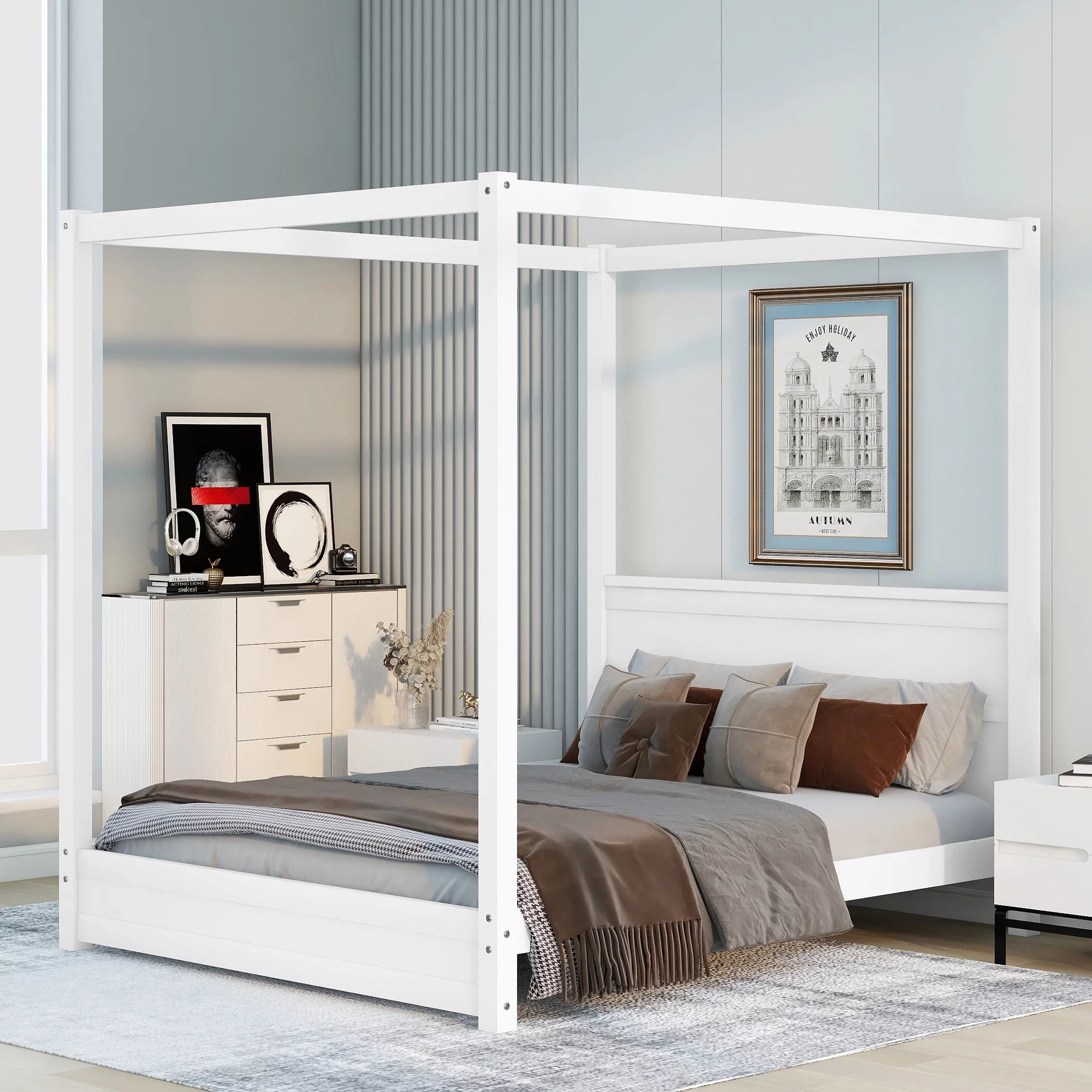 CoSoTower Queen Size Canopy Platform Bed with Headboard and Support Legs, White