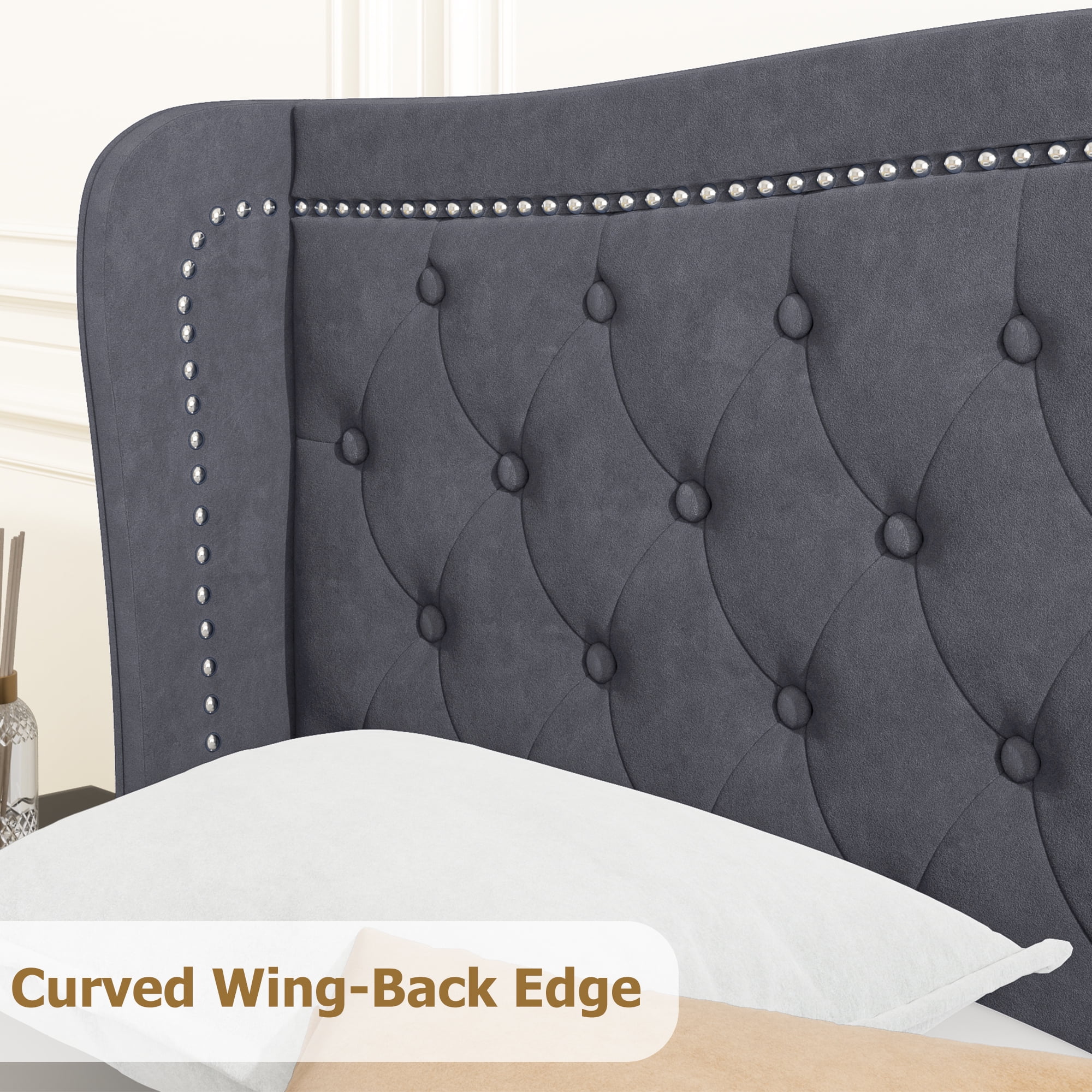 Homfa King Size Bed Frame for Bedroomwith Wing-Back Button Tufted Upholstered Headboard, Modern Solid Wood Platform Bed Frame, Dark Gray