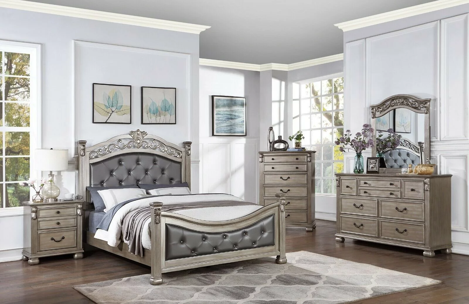 Luxurious Bedroom Transitional Formal Queen Bed Posts HB FB 6pc Set Dresser Mirror Chest 2x Nightstands Wooden Furniture