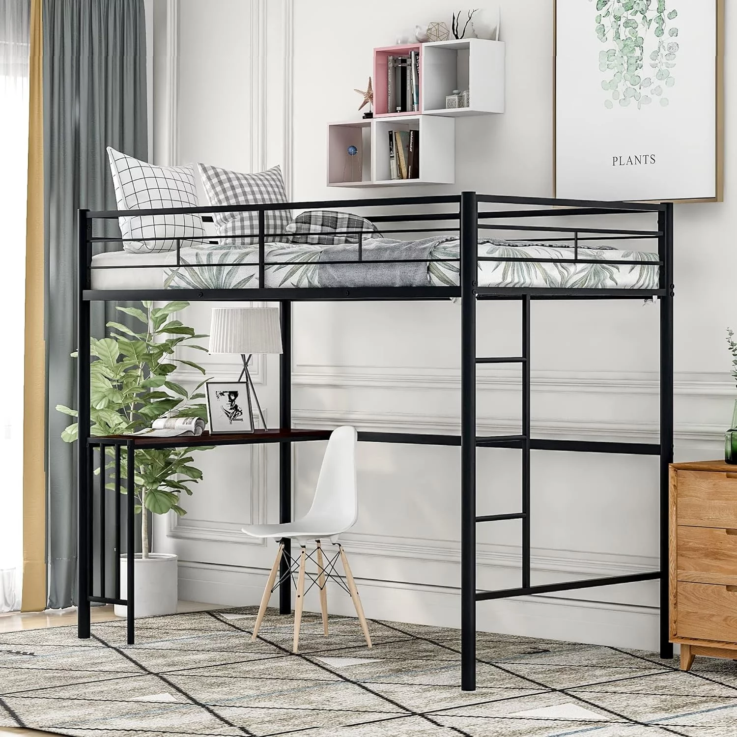 Metal Buk Bed With Desk, Ladder Ad Guardrails, Loft Bed For Bedroom, Black