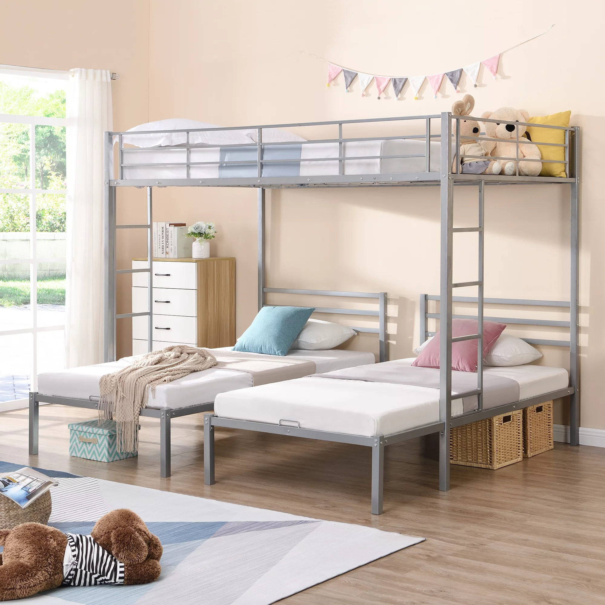 Euroco Modern Metal Full over Twin & Twin Size Bunk Bed for Kids Bedroom, 3-in-1 Bunk Bed, Silver