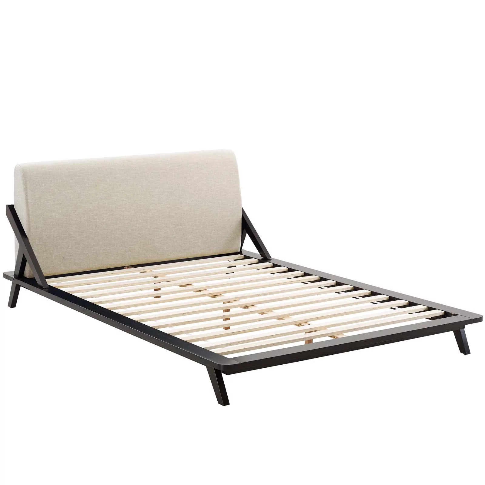 Modern Contemporary Urban Design Bedroom Queen Size Platform Bed Frame, Wood Fabric, Beige Brown Natural