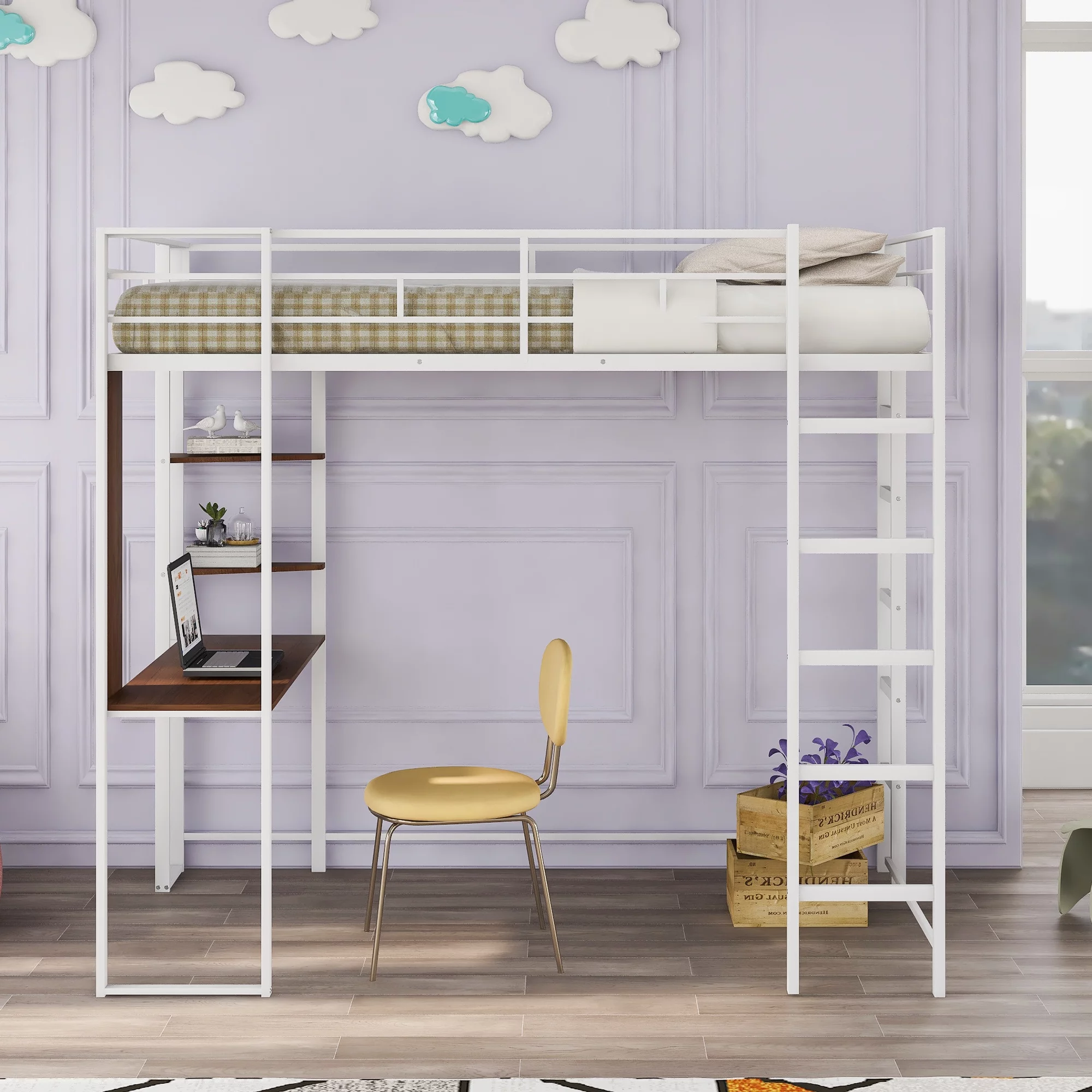 iRerts Loft Bed with Desk and Shelves, Metal Loft Bed Twin for Kids Teens Adult, Twin Size Loft Bed with Safety Guardrail, Modern White Loft Bed Twin for Dorm Bedroom Guest Room, No Box Spring Needed