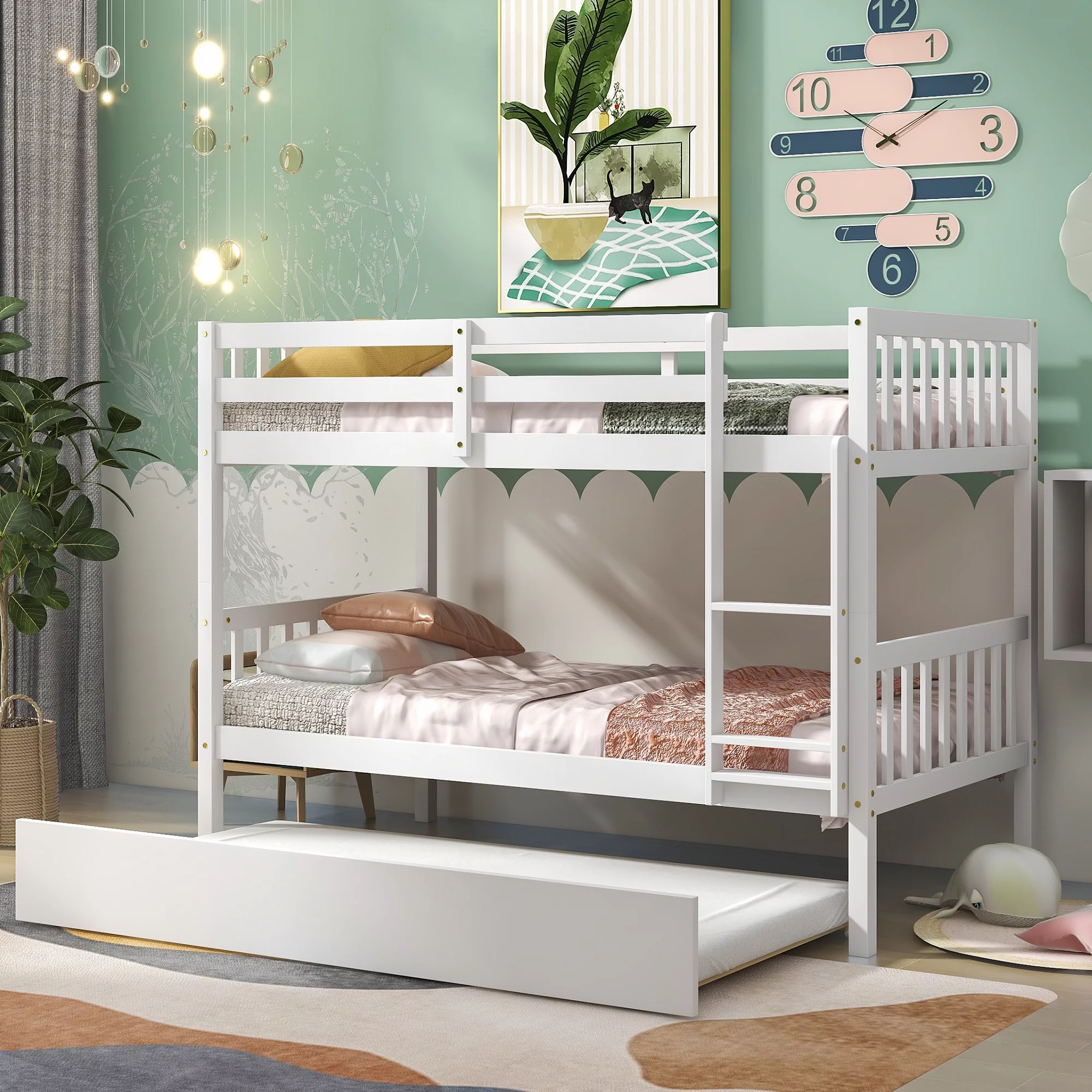 Twin Over Twin Bunk Bed with Trundle, Pine Wood Solid Wood Bunk Bed with Ladder and Storage, for Kids Teens Adults