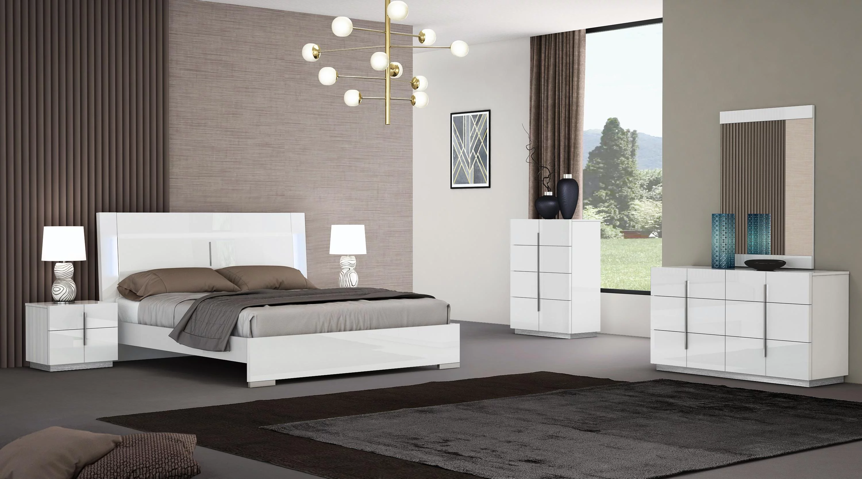 White Lacquer Finish Queen Size Premium Bedroom Set 5Pcs Modern J&M Oslo