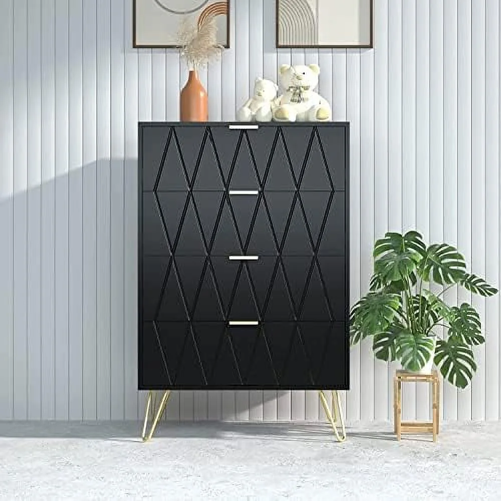 xrboomlife Grooved Pattern 4 Drawer Dresser Modern Chest of Drawers with Gold Handles White Dresser for Bedroom Living Room Entryway