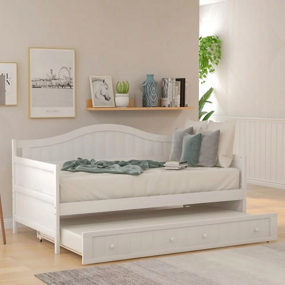 Hcore Twin Wooden Daybed with Trundle Bed, Sofa Bed for Bedroom Living Room,White