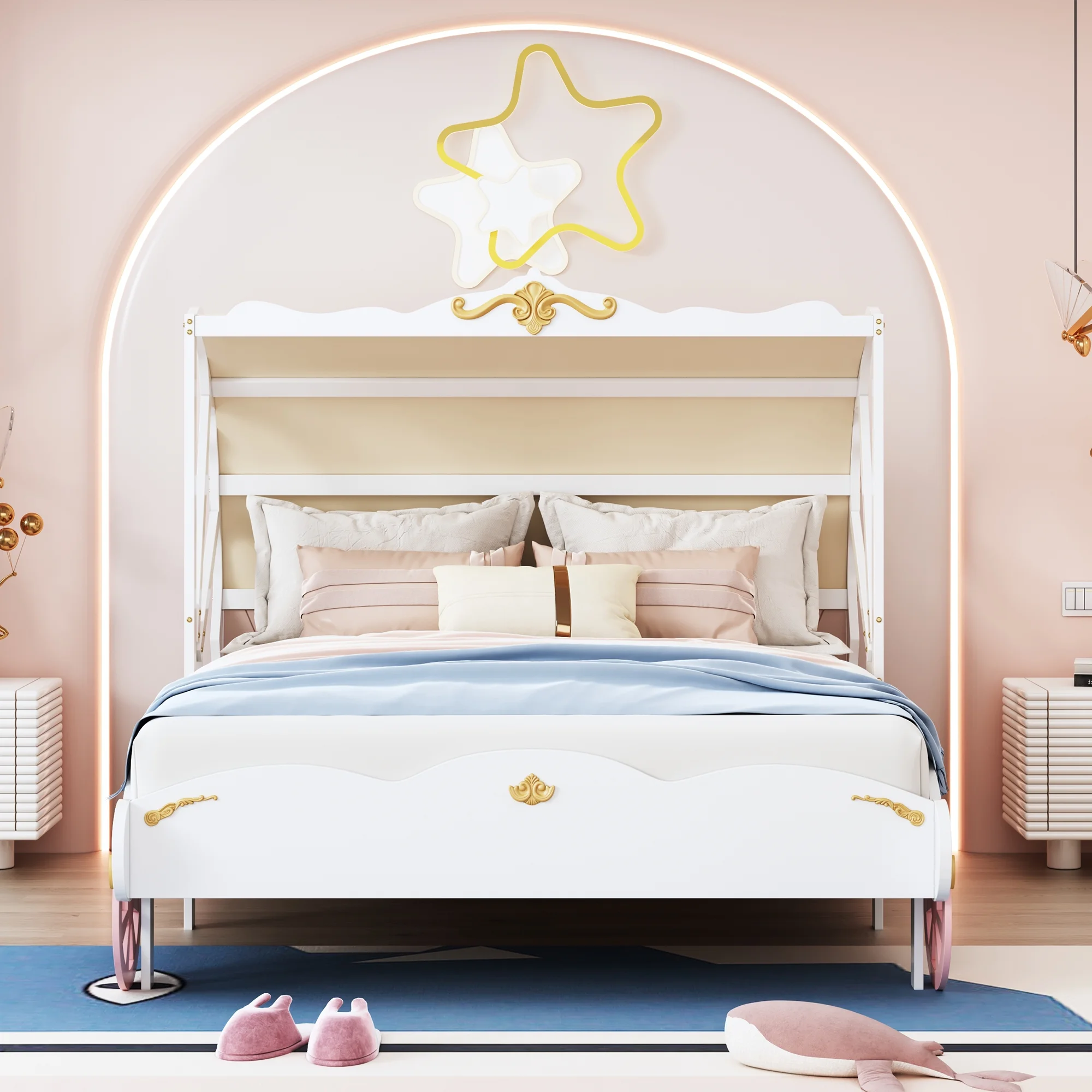 CoSoTower Full Size Princess Carriage Bed with Canopy, Wood Platform Car Bed with 3D Carving Pattern, White+Pink+Gold