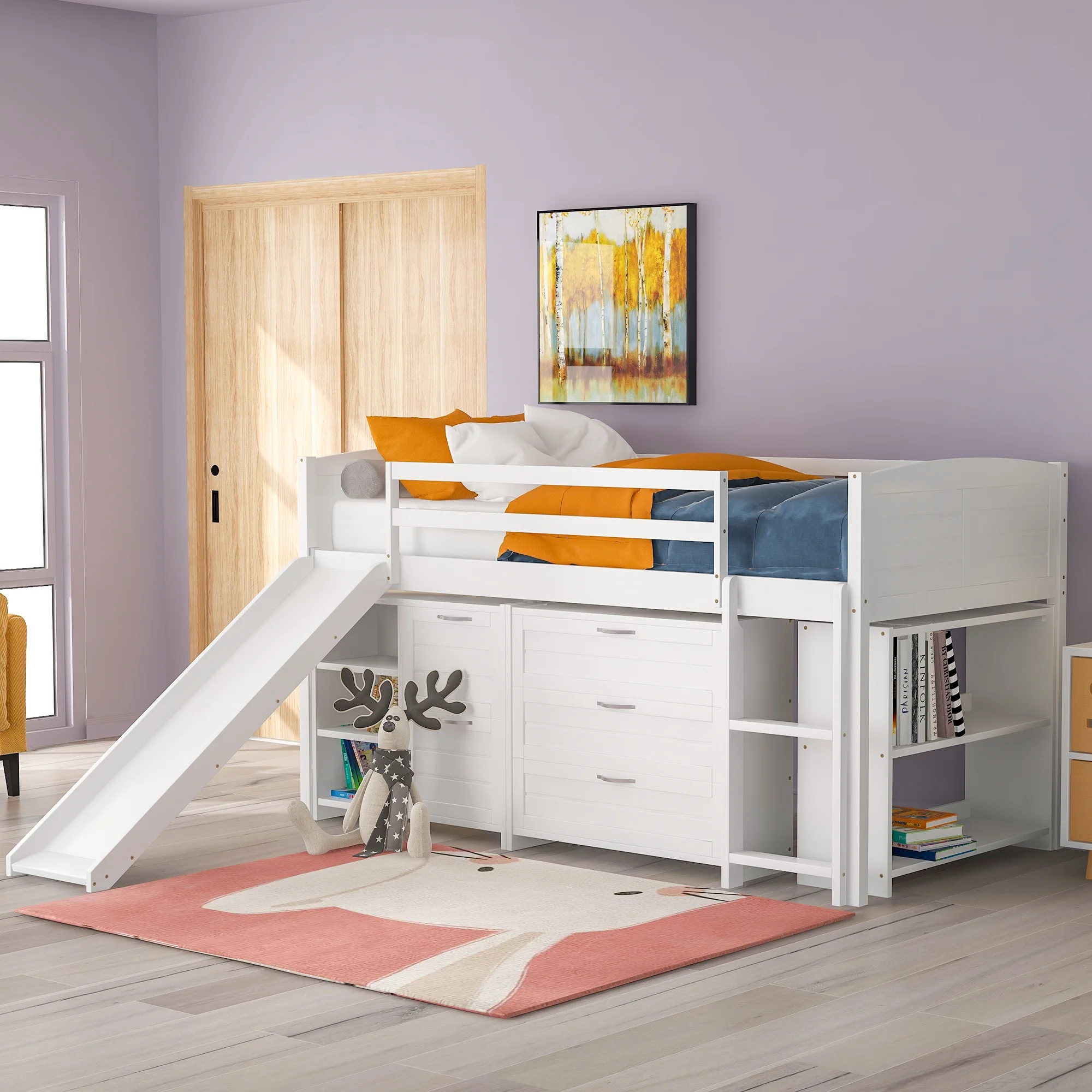 Low Study Twin Loft Bed with Cabinets, Shelves and Slide Low Study Loft Bed