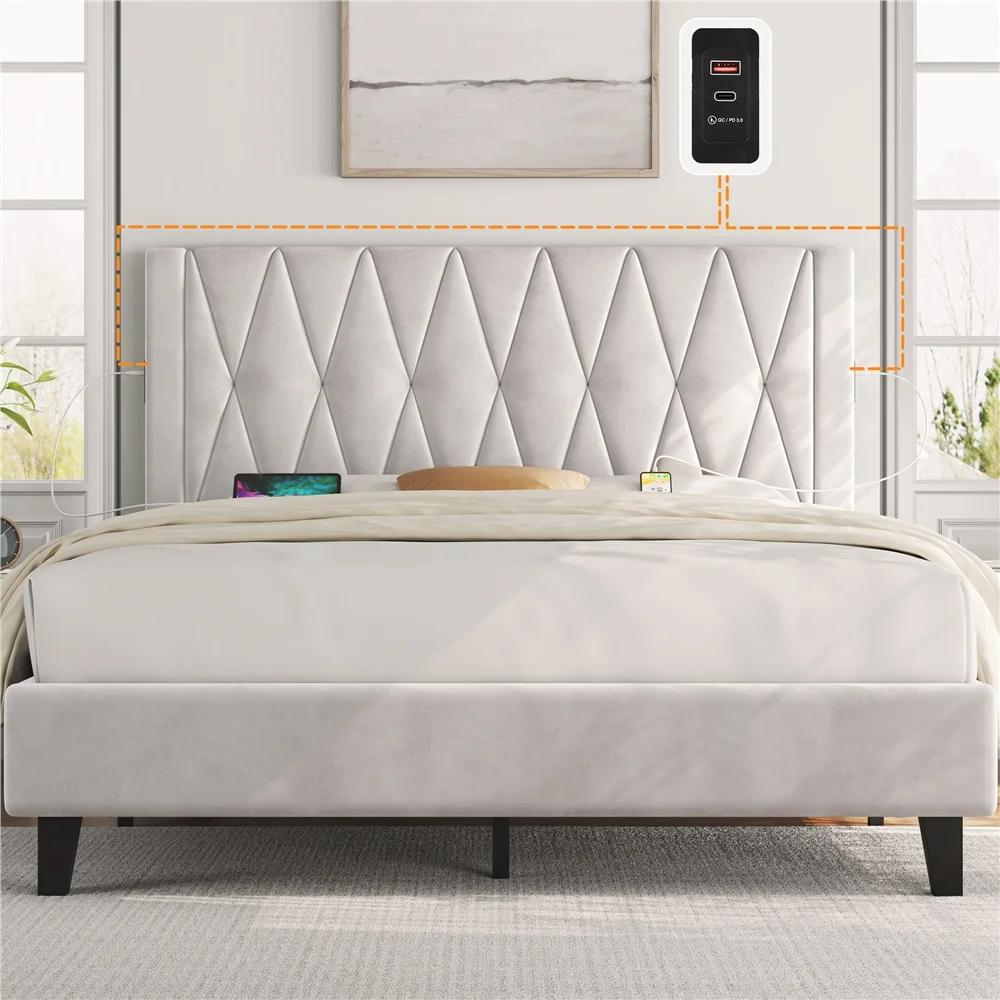 Topeakmart Full Size Upholstered Platform Bed with Built-In USB Ports & Tufted Headboard, Beige