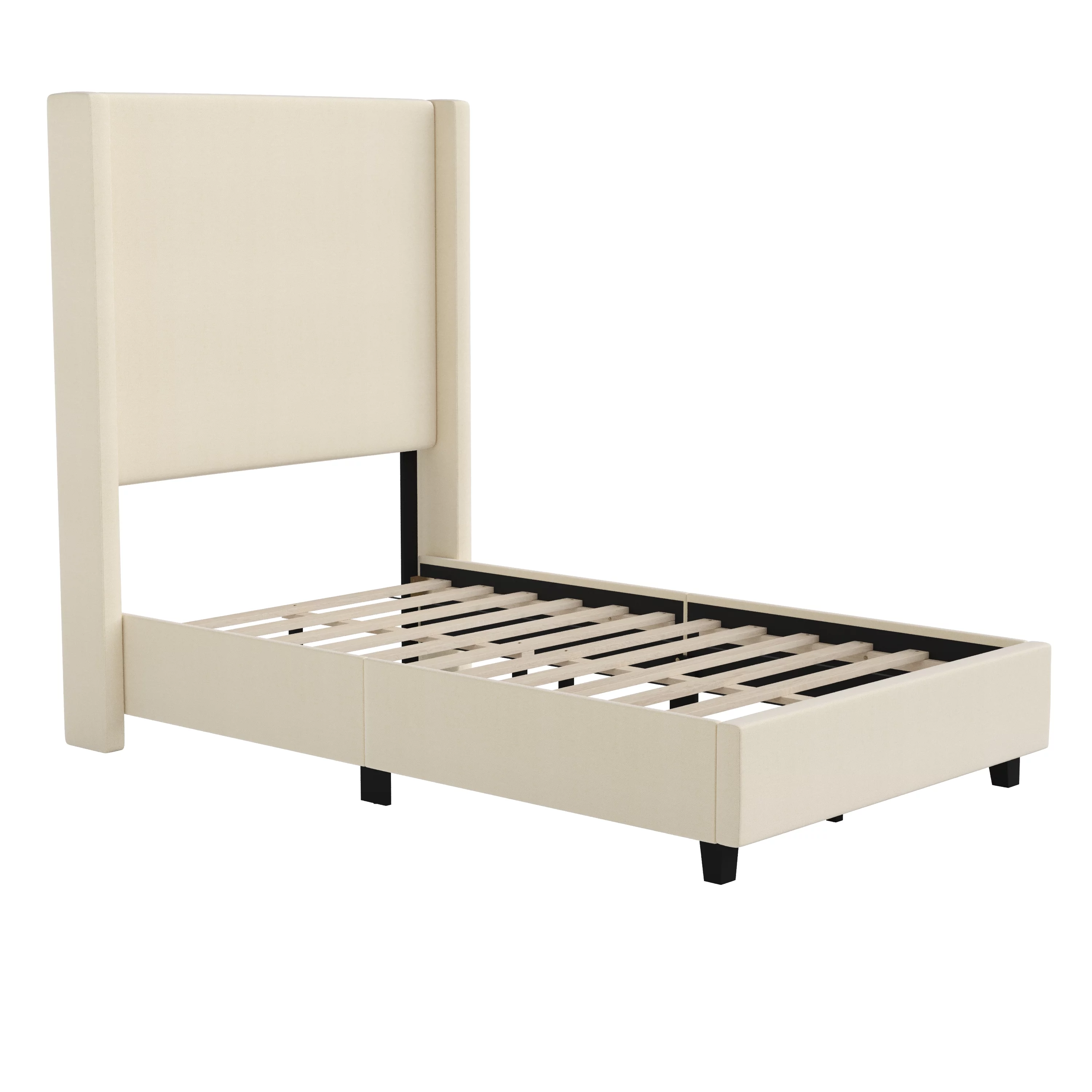 Emma + Oliver Twin Size Faux Linen Upholstered Platform Bed in Beige with Plush Padded Wingback Headboard and Wood Support Slats - No Box Spring Needed