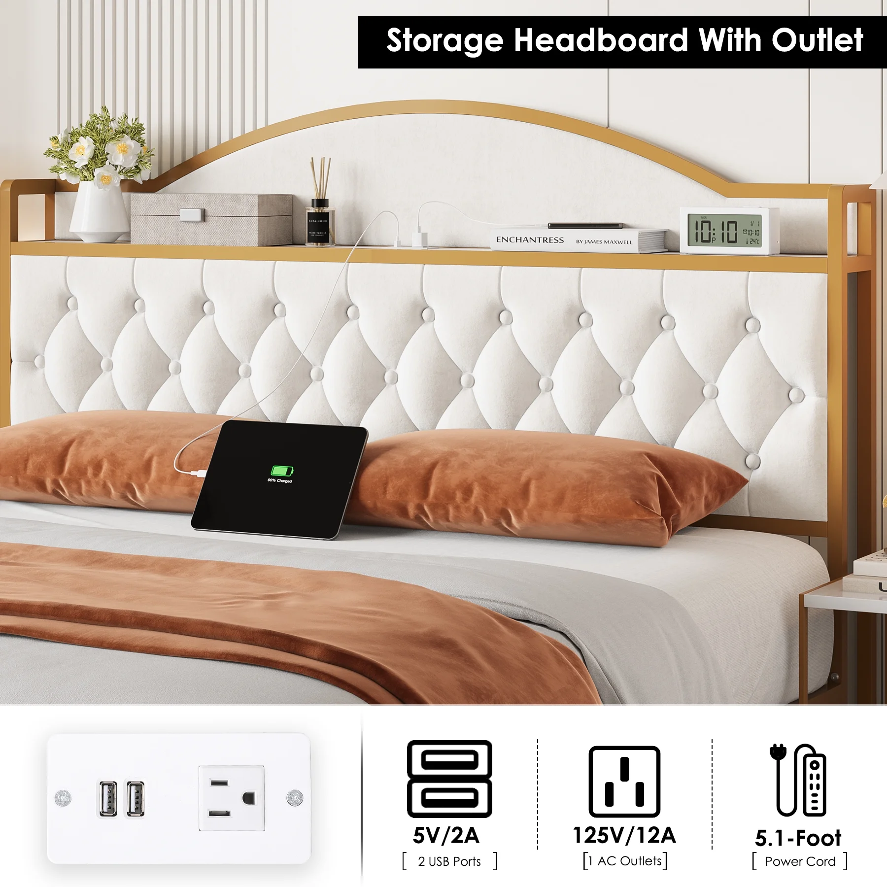 Homfa King Size Bed with Charging and 3 Storage Drawers, Modern Velvet Upholstered Platform Bed, Off White and Gold