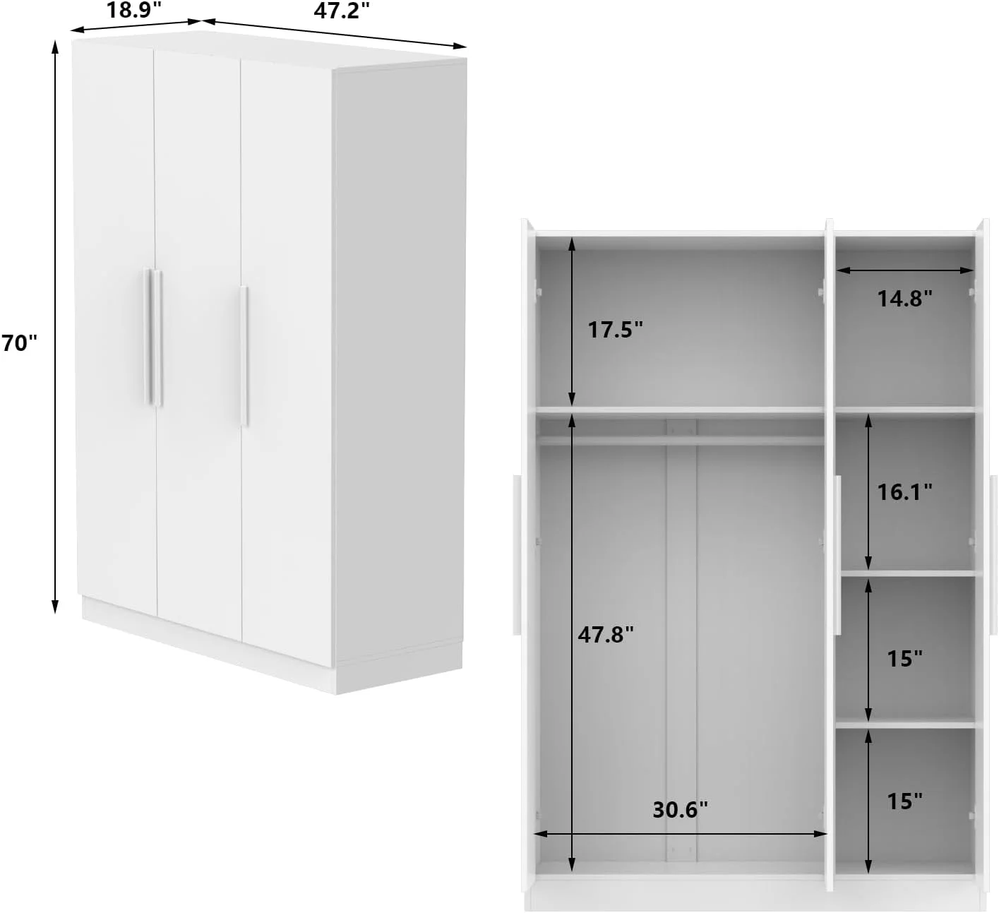 Large Wardrobe Armoire Closet with 3 Doors, Freestanding Wardrobe Cabinet for Hanging Clothes, Bedroom Armoire Dresser Wardrobe Clothes Organizer, 3-Door White (47.2