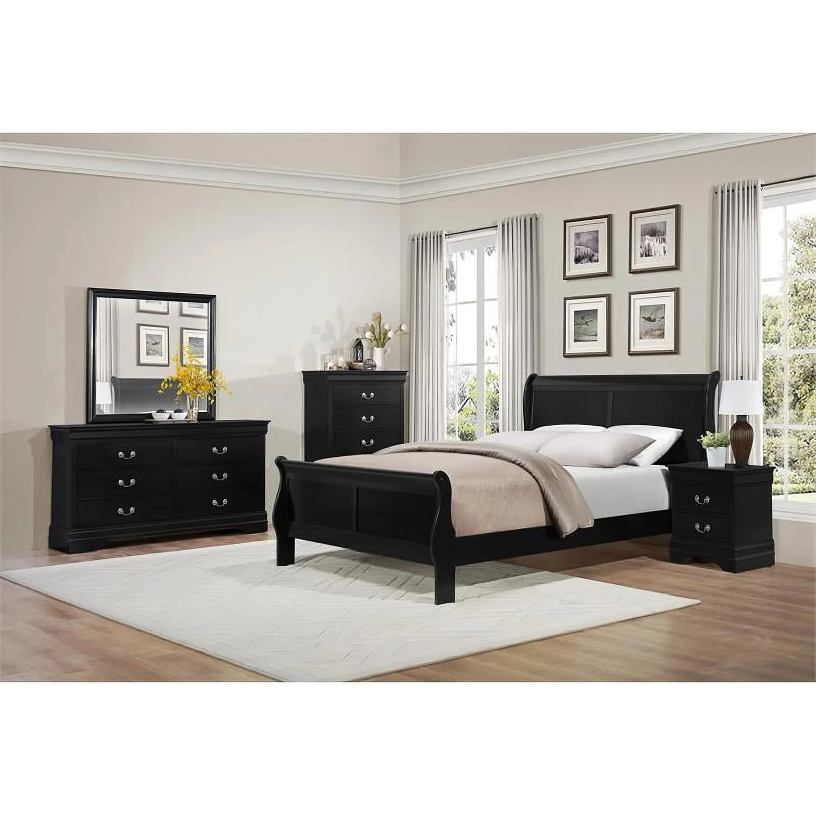 Pemberly Row Traditional Engineered Wood California King Sleigh Bed in Black
