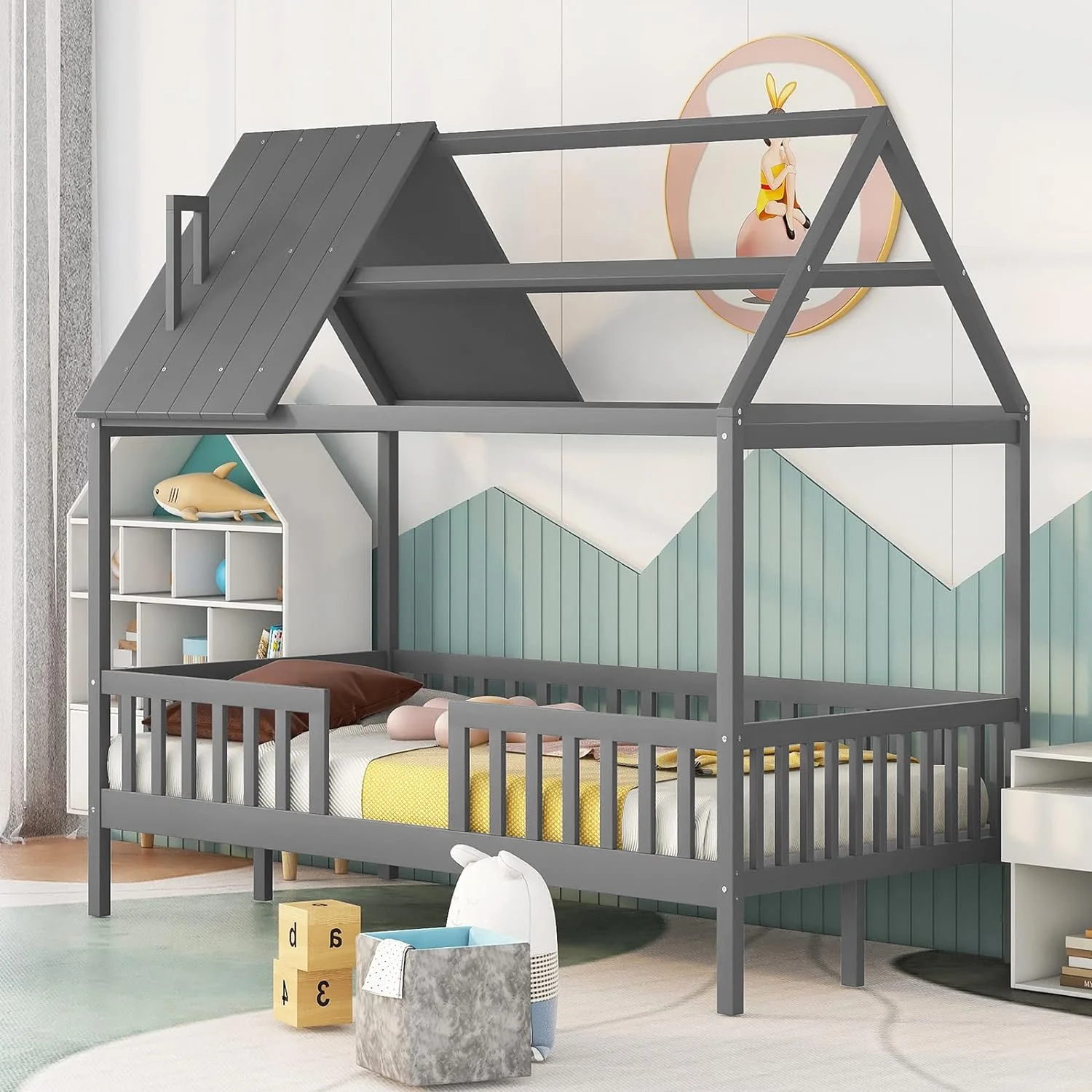 House Bed With Fence Railings And Roof Kids Montessori Beds With Wood Cabin Playhouse Bed Frame For Toddlers Girls Boys Teens, Size, Gray