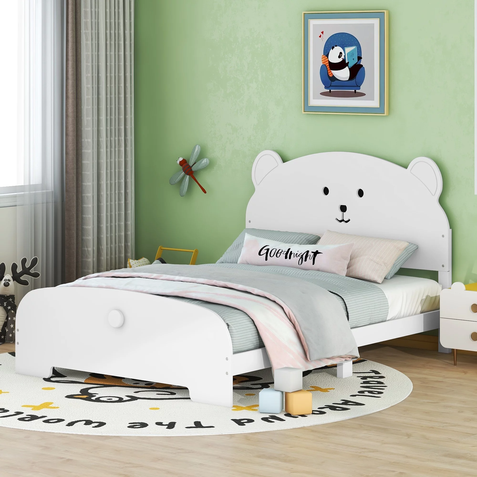 Full Size Wood Platform Bed with Bear-shaped Headboard and Footboard,White