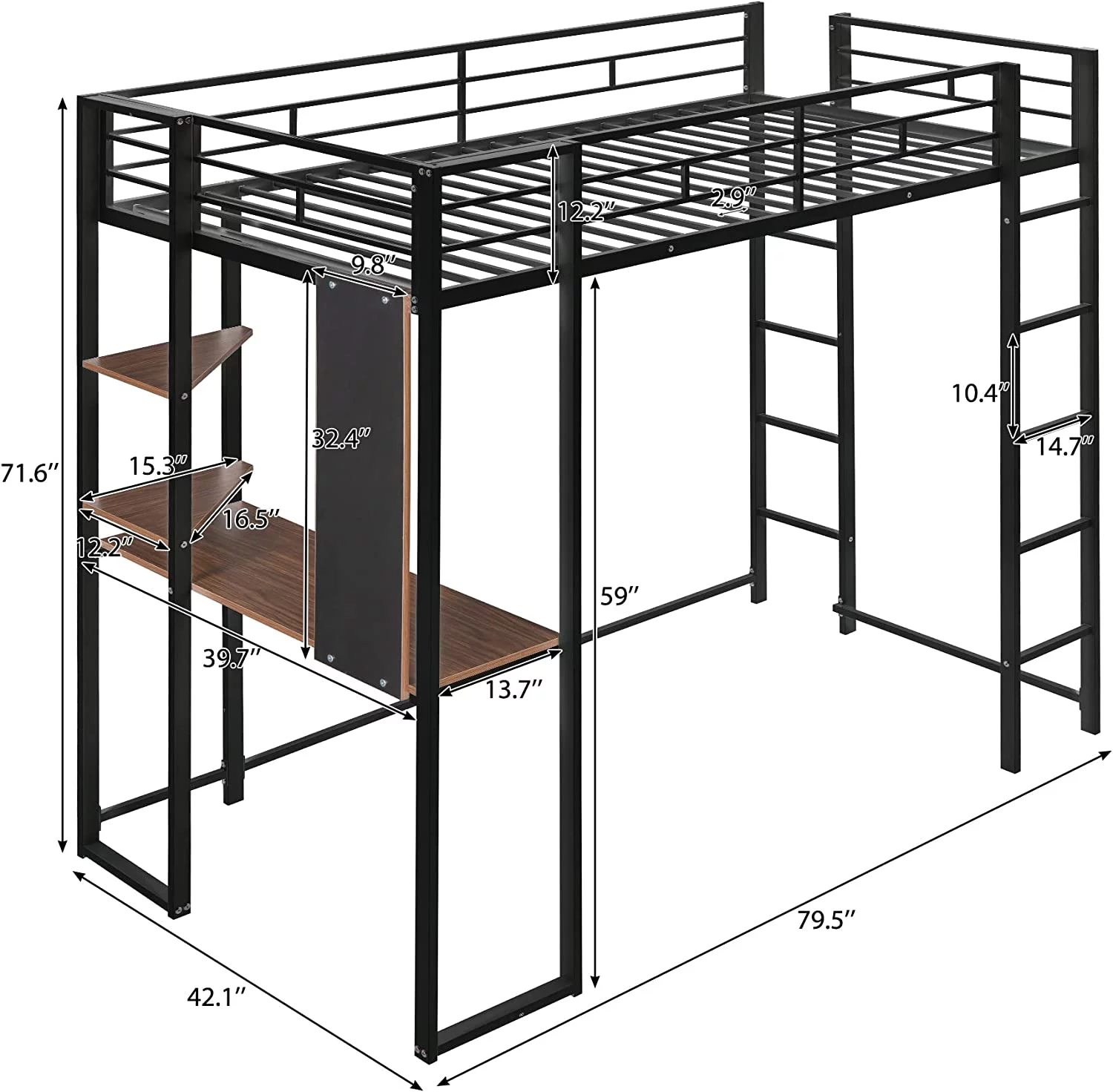 Metal Loft Bed Size With Desk And Bookcase, Loft Bed Full-Length Guardrail, No Box Spring Needed (Black)