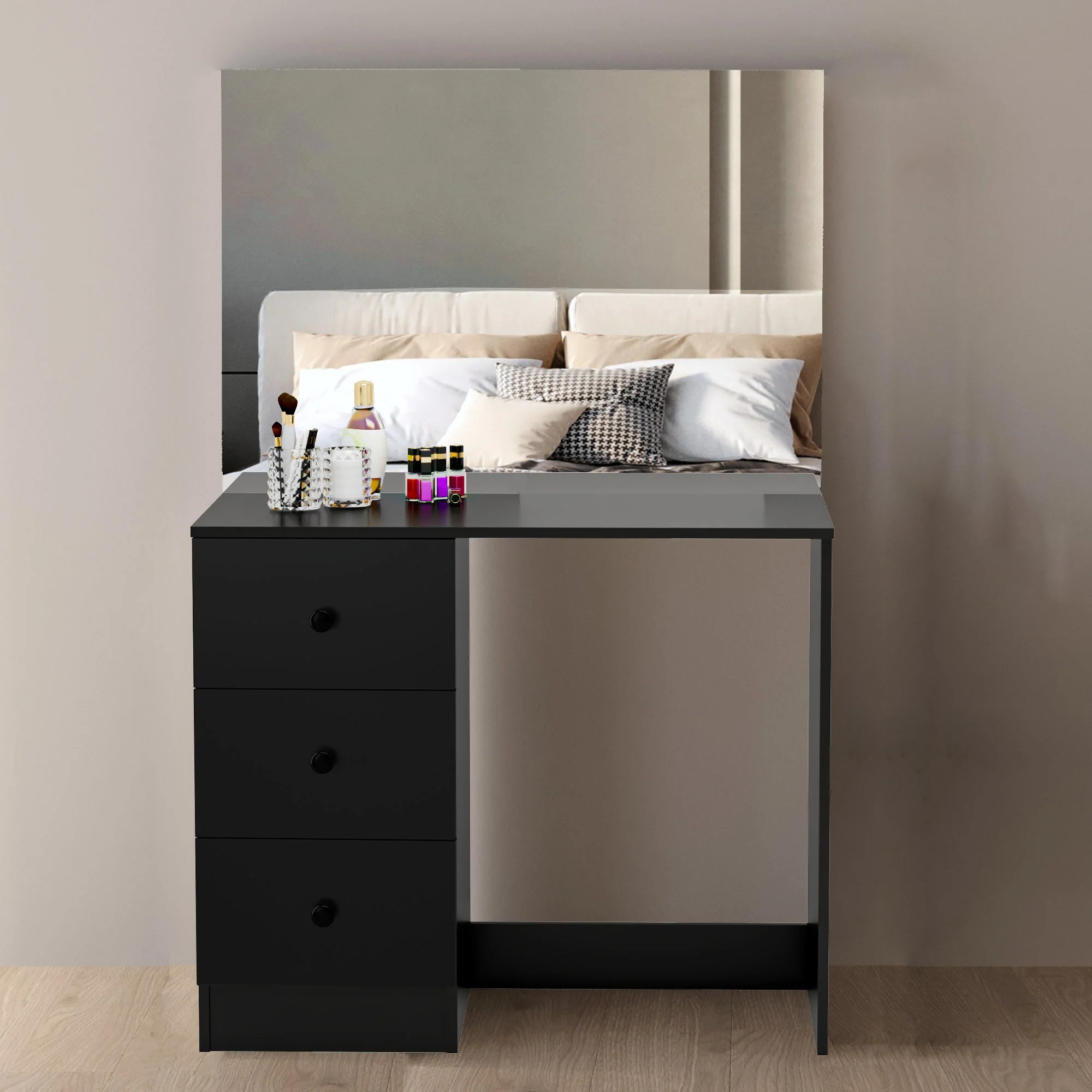 Ember Interior Olivia Pro Modern Vanity Table, 3 Drawers, Wide Mirror, Black, for Bedroom