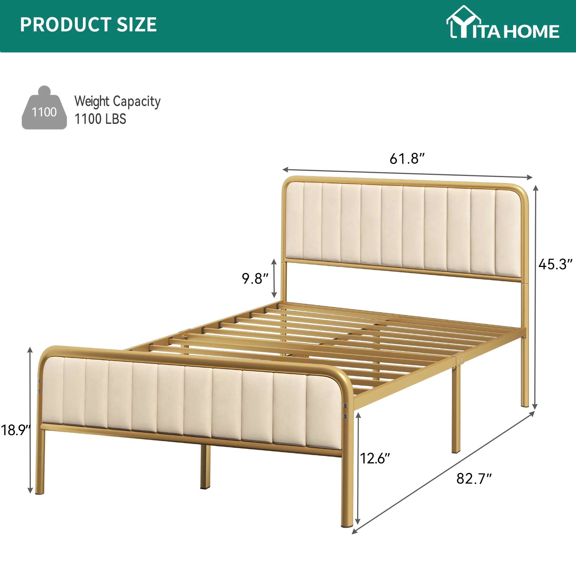 Dextrus Queen Size Bed Frame, Upholstered Bed Frame with Velvet Headboard, No Box Spring Needed, Golden & Beige