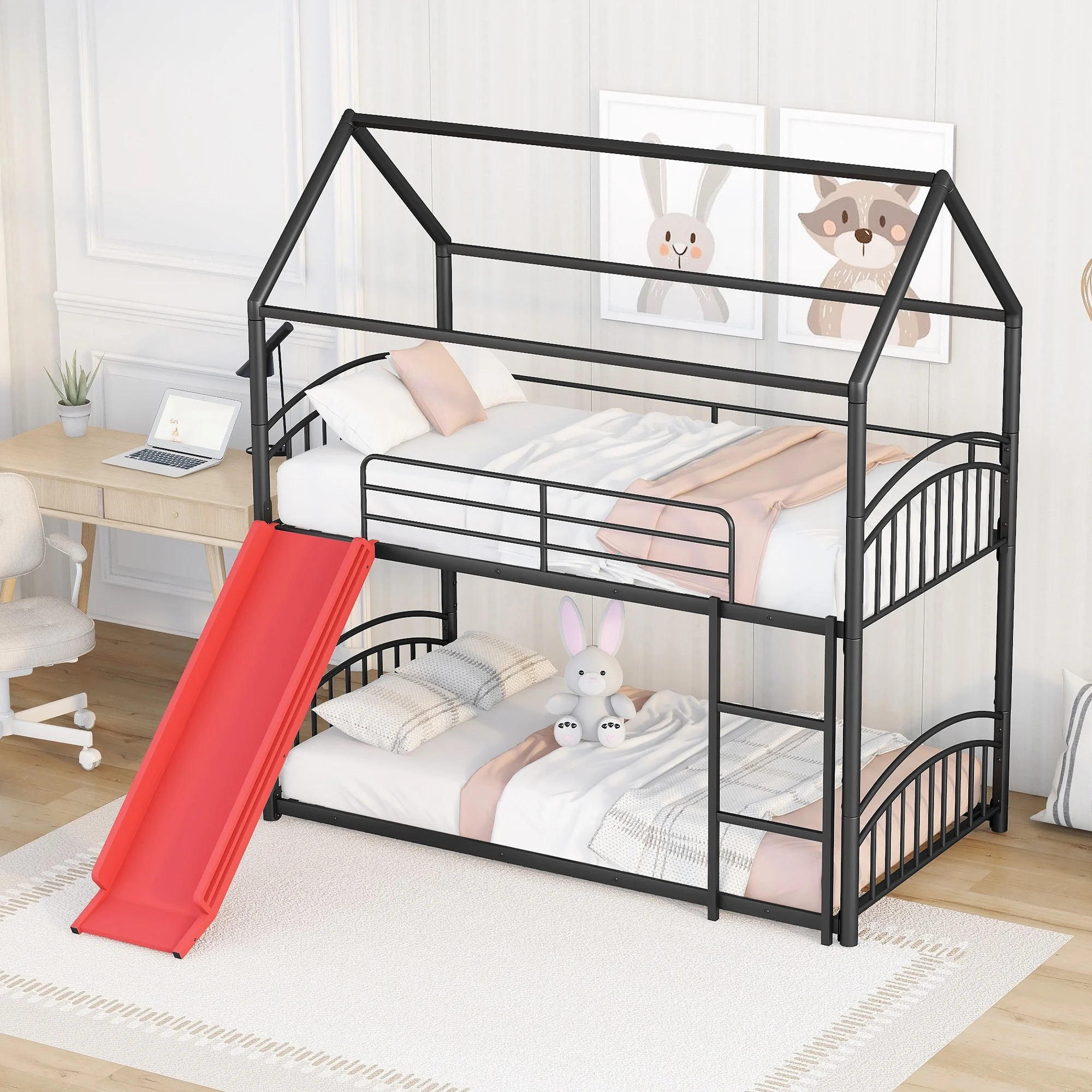 Churanty Twin Over Twin Metal Bunk Beds with Slide, House Bunk Bed with Slide for Kids, Detachable Twin Floor Bunk Beds for Kids,Black + Red