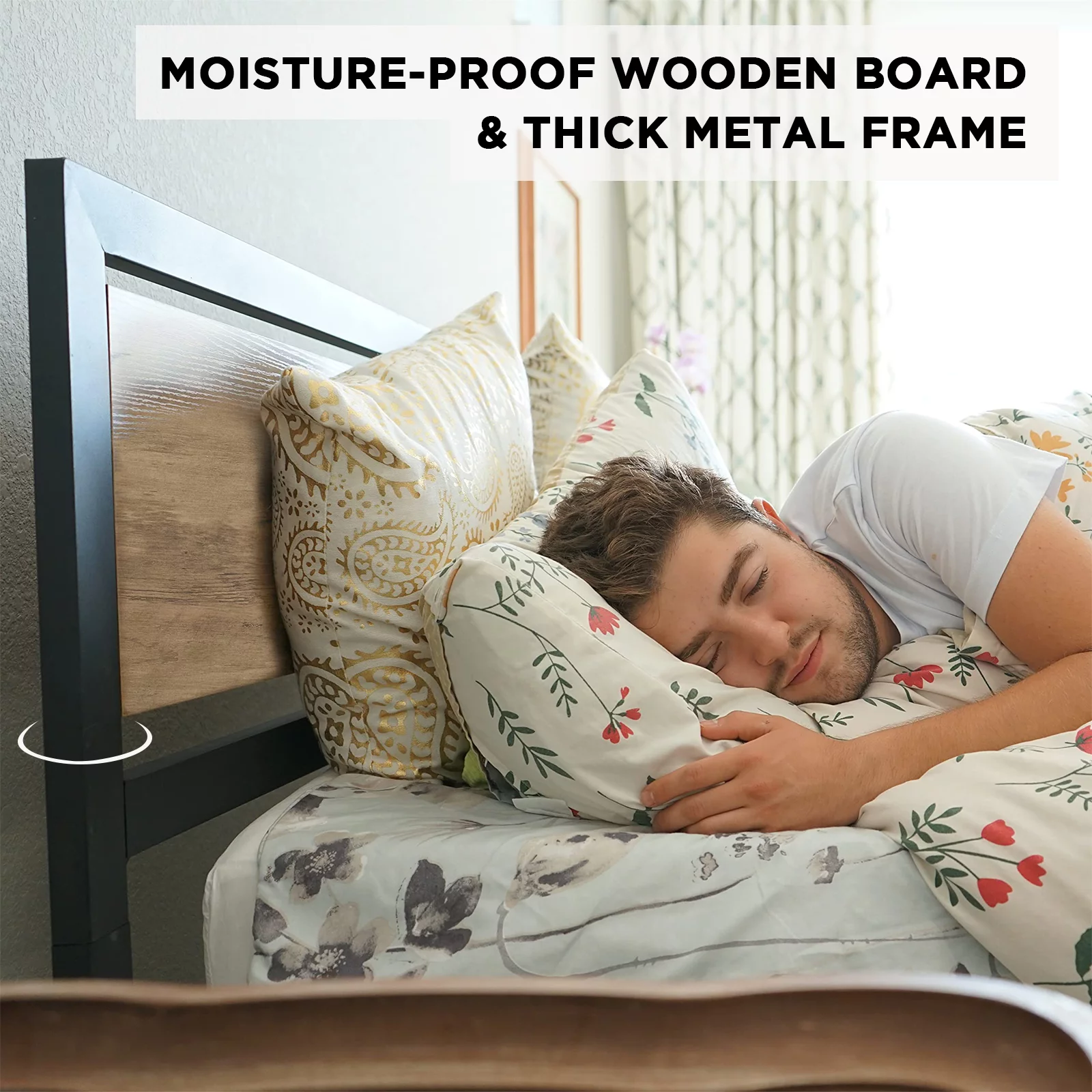 Amerlife Queen Size Bed Frame with Wooden Headboard, Queen Platform Bed Frame with Industrial Footboard/Heavy Duty Steel/Strong 4 U-Shaped Support Frames/Rustic Style/Easy Assembly/Light Brown