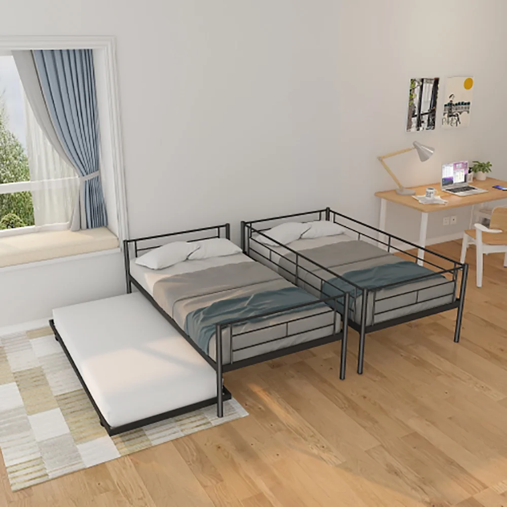 Twin Over Standard Metal Bunk Bed with Trundle for Twins Kids Teenagers, Adult Dormitory Bed- 78''X41.5''X65.2''-Black