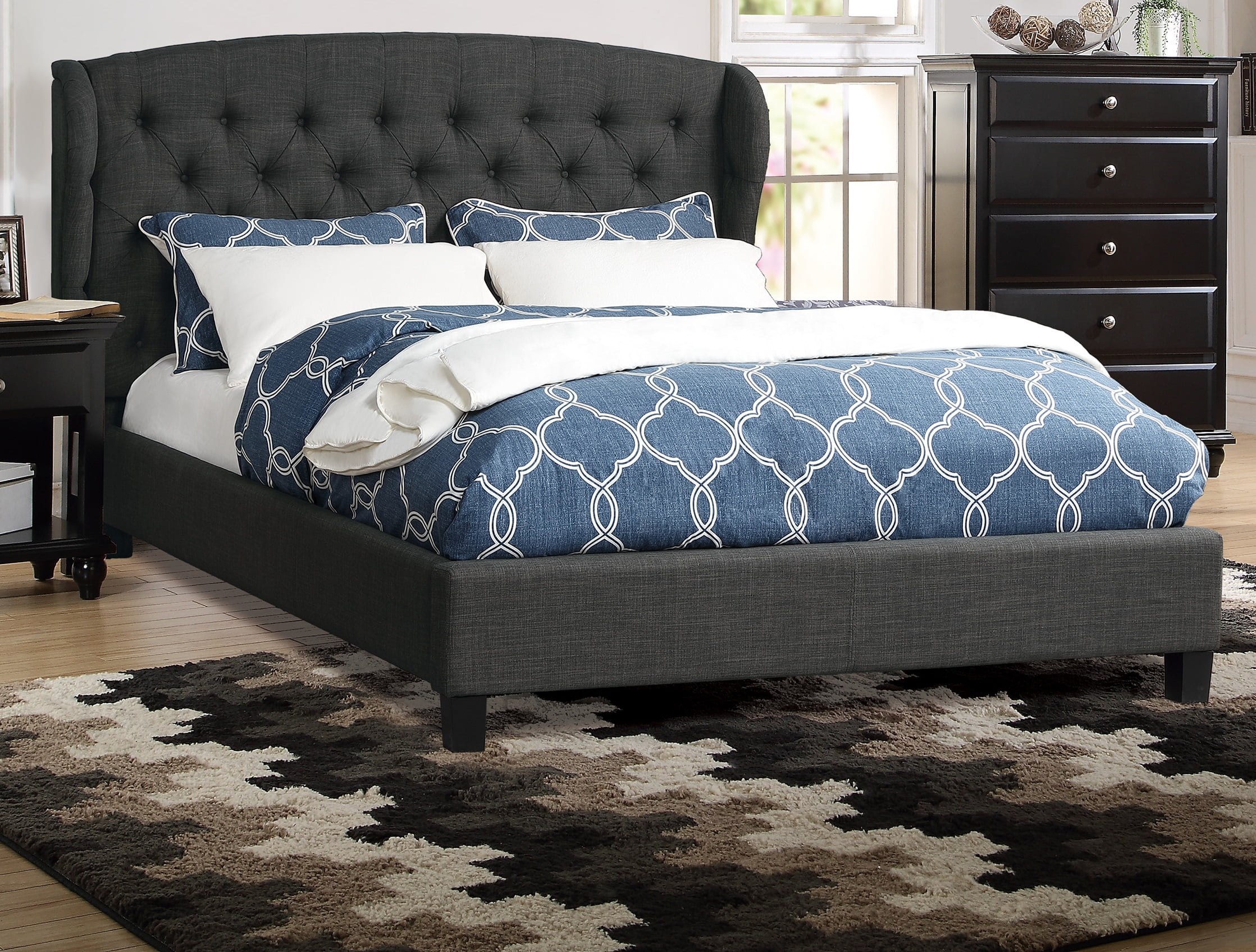 Eastern King size bed Charcoal polyfiber bedroom furniture 1pc bed set Tufted adjustable headboard wingback