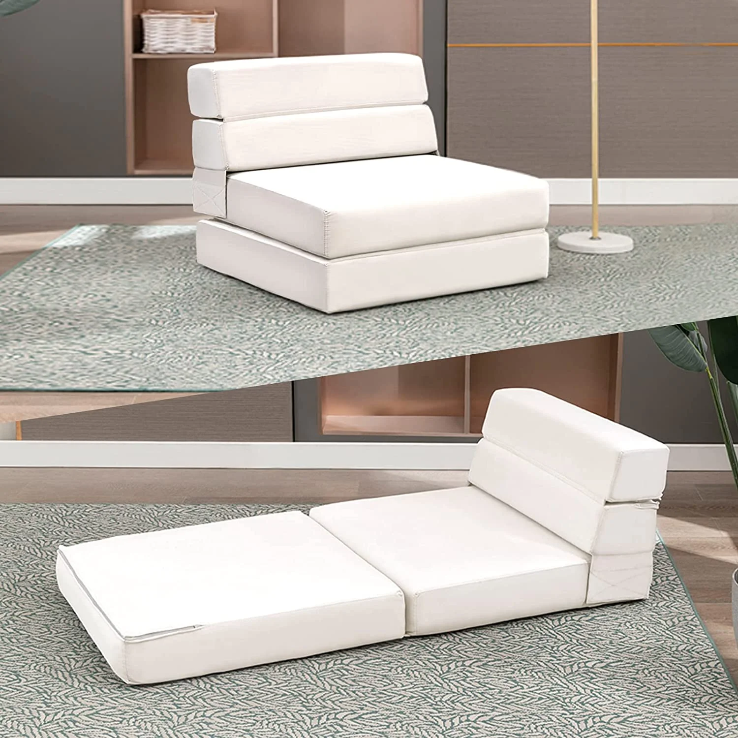 ZAFLY Folding Futon Sofa Bed, Single Size Convertible Sleeper Couch, Floor Sofas with Memory Foam for Living Room/Bedroom, Beige