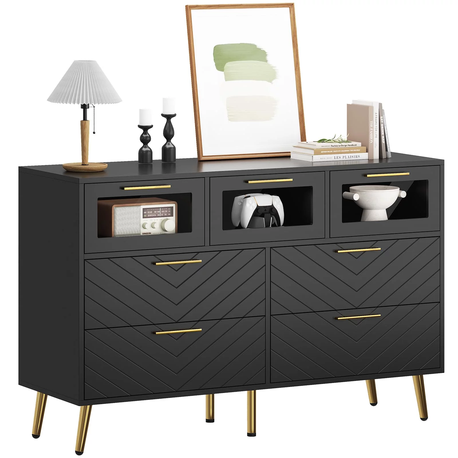 7 Drawer Dresser with Led Light for Bedroom,Dressers & Chests of Drawer with with Wide Storage Organizer,Milled Grooves Design,Black