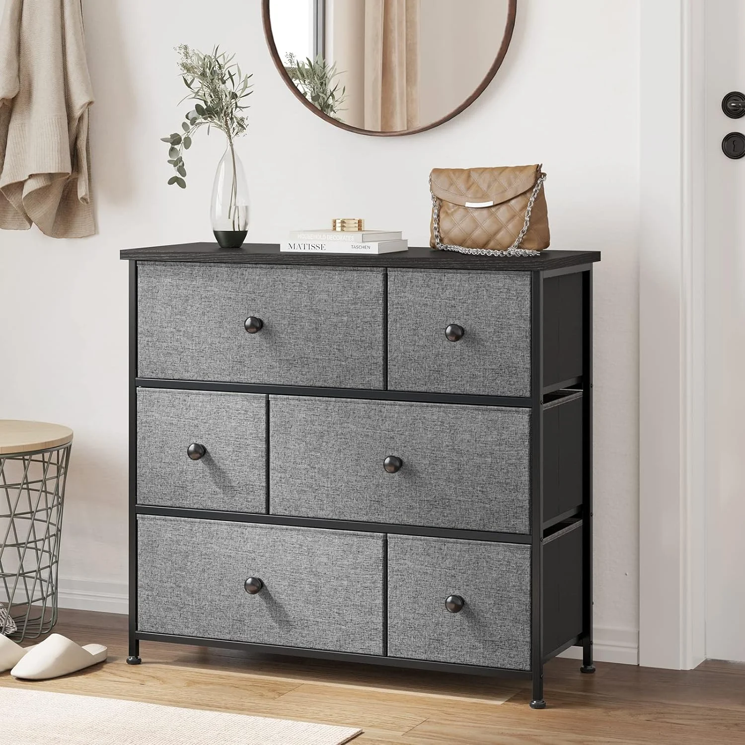 6 Drawer Dresser For Bedroom Chest Of Drawers Closets Storage Units Organizer Tower Steel Frame Wooden Top Living Room Entryway Office (Light Grey)