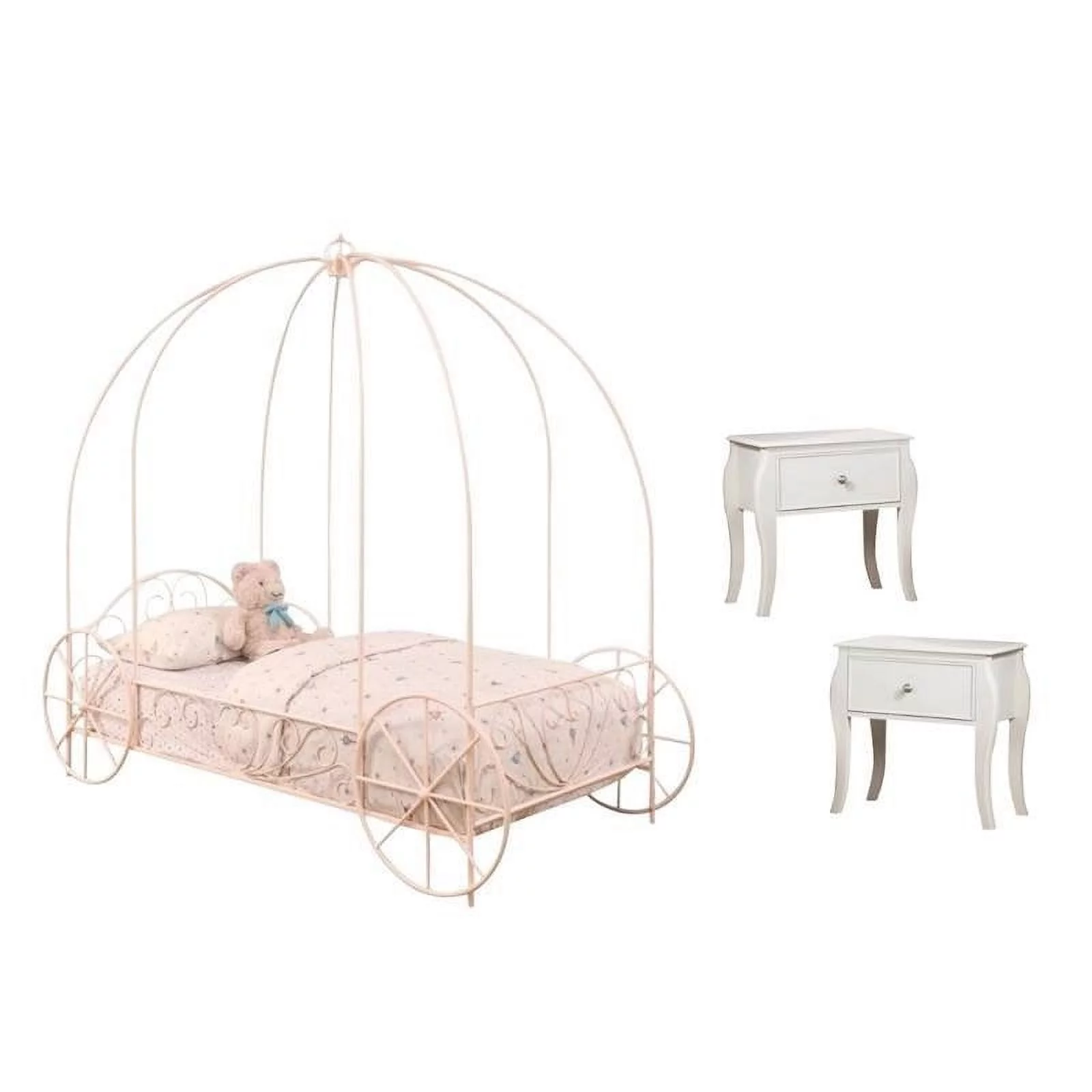 3 Piece Kids Bedroom Set with Pink Canopy Bed and (Set of 2) Night Stands in White