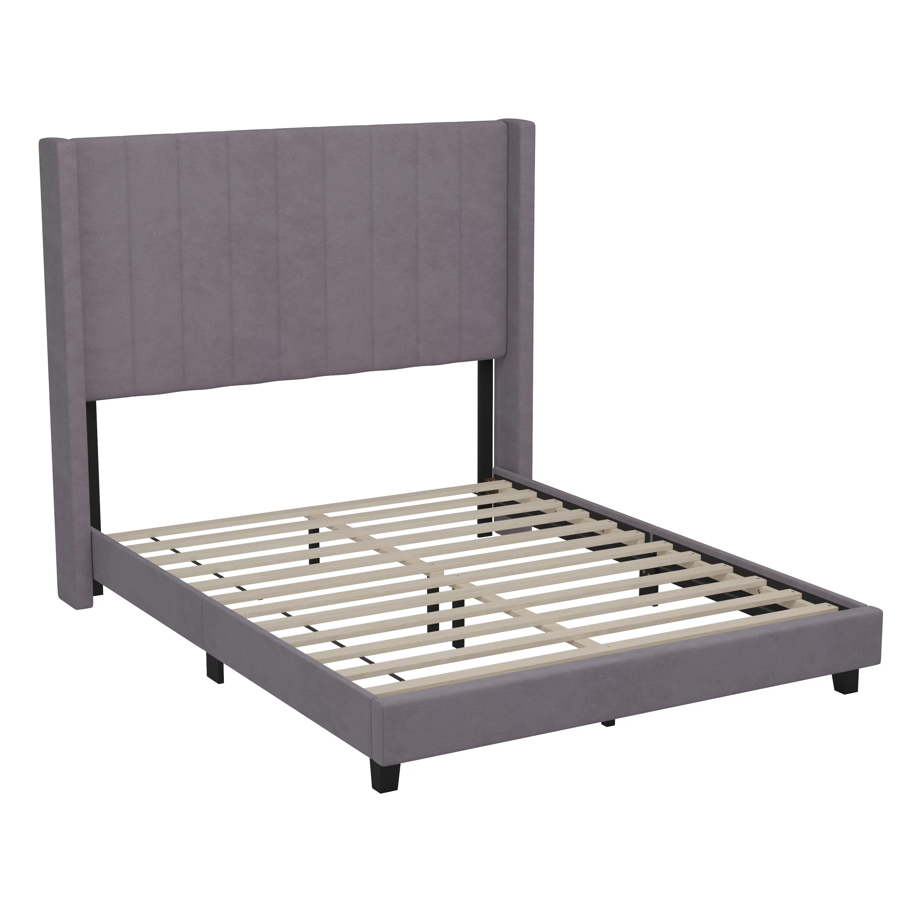 Emma + Oliver Gray Velvet Upholstered Full Platform Bed with Vertical Channel Stitch Detail and Engineered Wood Frame - No Box Spring Required