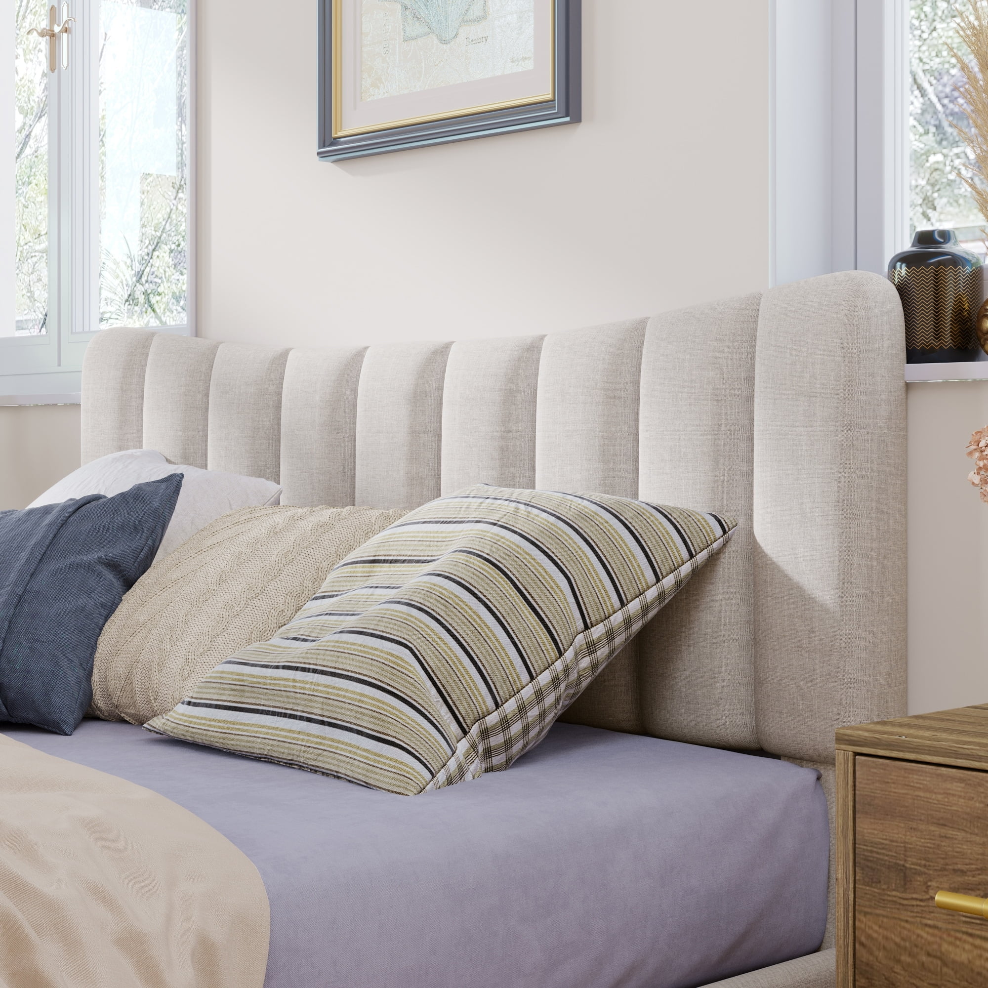 Linen Upholstered Platform Bed with Vertical Channel Tufted Headboard