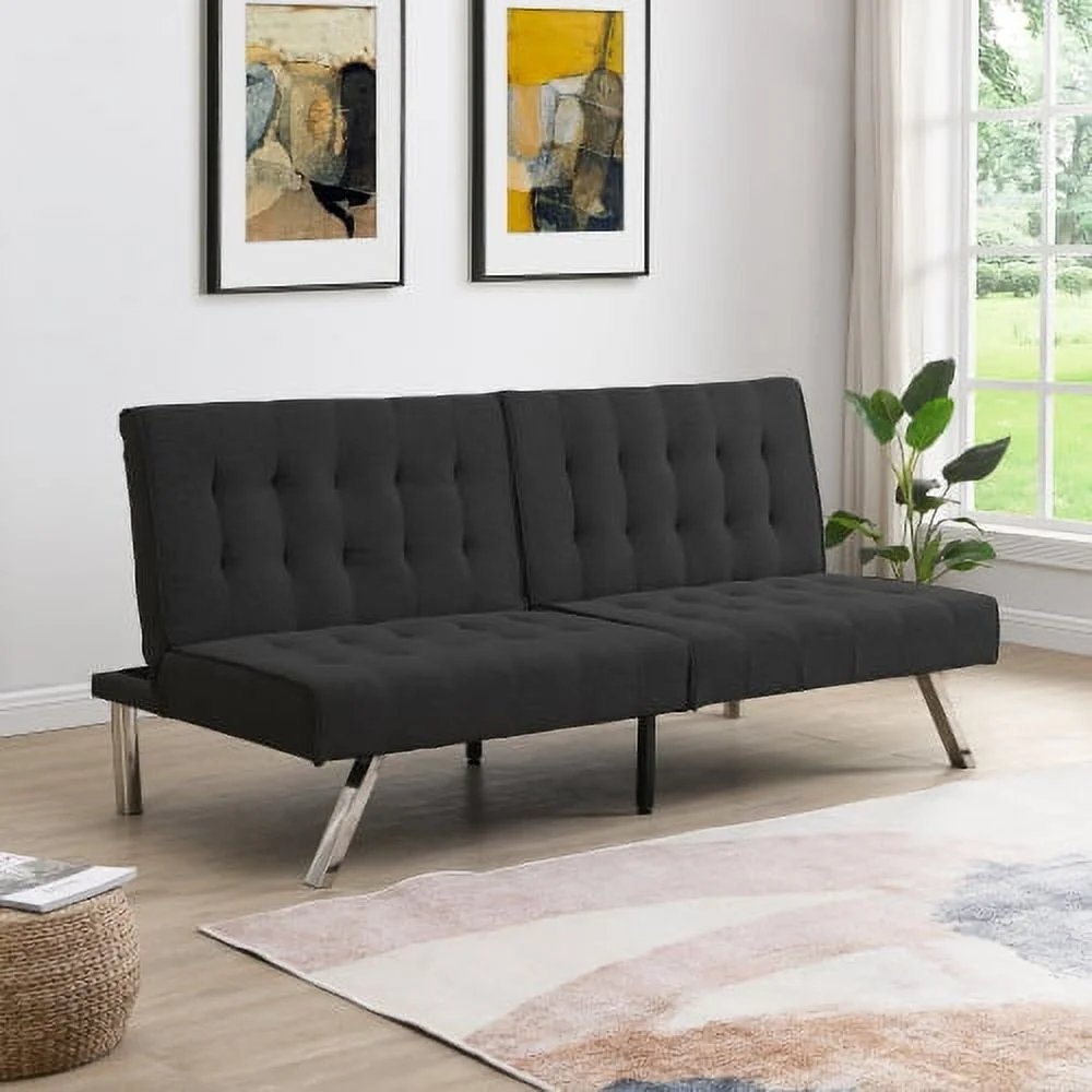 Convertible Folding Futon Sofa Bed Sleeper Couch for Living Room Linen Fabric Upholstered Loveseat, Solid Wood Frame/Stainless Leg (Black Fabric)