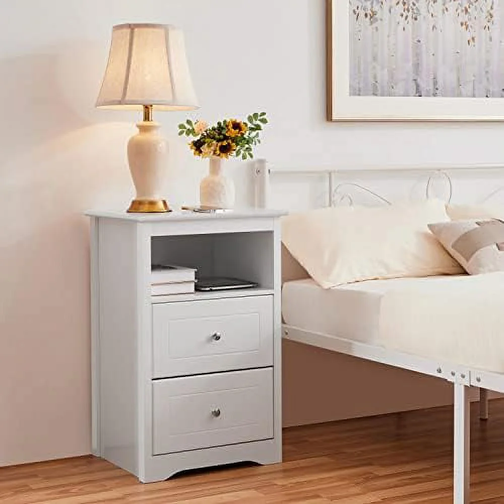 HOOMHIBIU Nightstand with 2 Drawer and 1 Open 29" Tall Bedside Table Wooden Flie Cabinet Telephone Table Bed Side Table with for Bedroom White