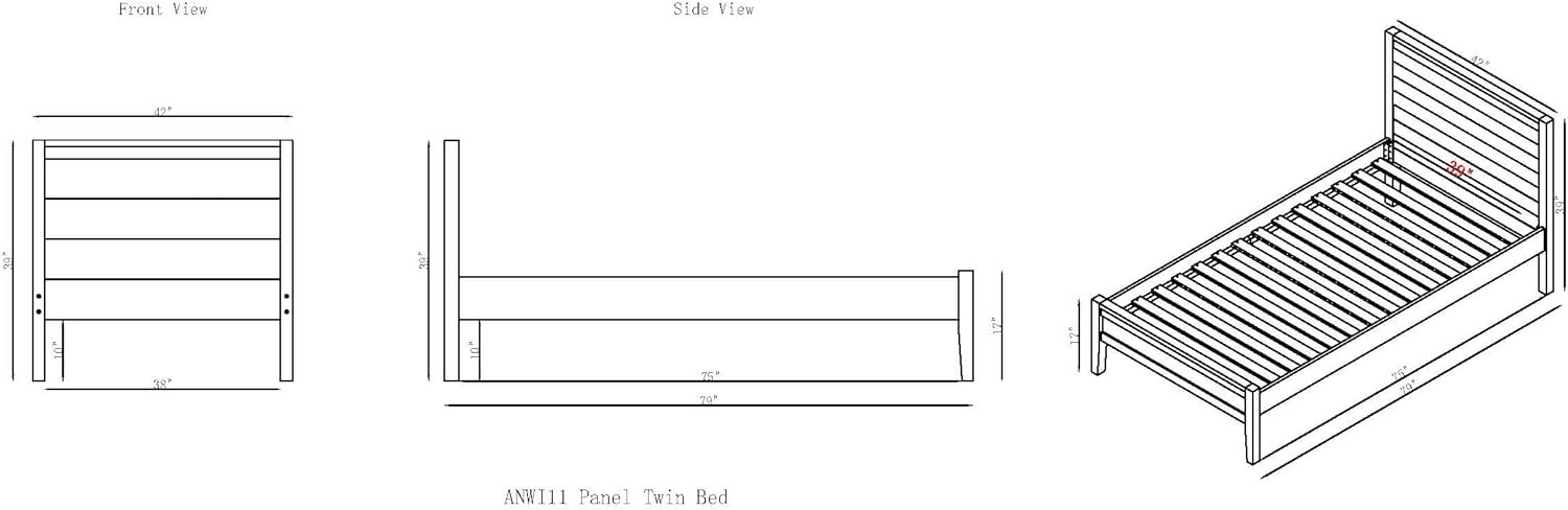 QCAI Windsor Panel Wood Twin Bed Driftwood Finish, Great for Your Kid's Bedroom, Standard Twin Mattress Not Included, Low Profile Footboard, Rustic Painted Finish, Bedroom Furniture