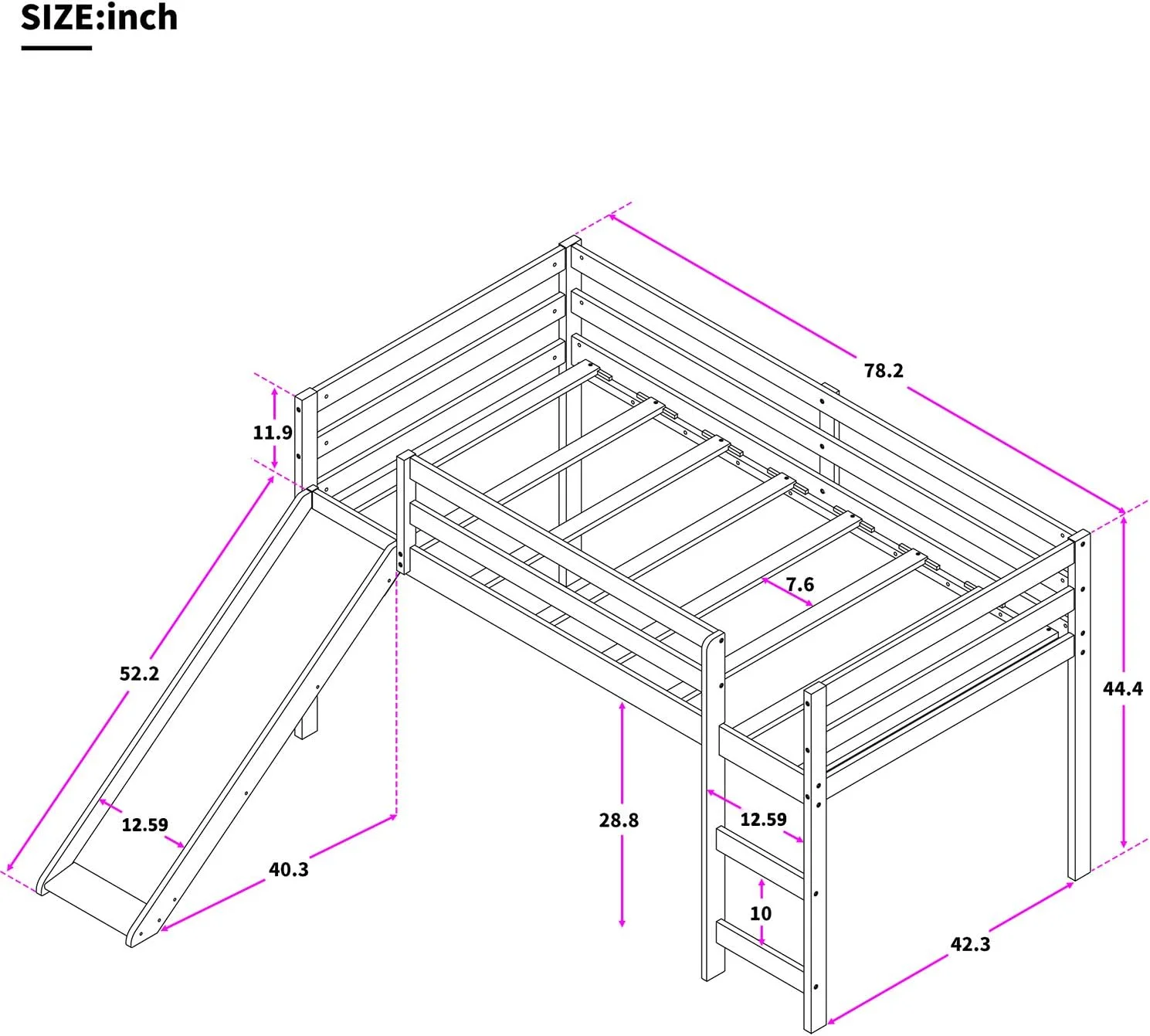 Loft Bed With Slide For Kids/Toddlers, Wood Low Sturdy Loft Bed, No Box Spring Needed (Grey)