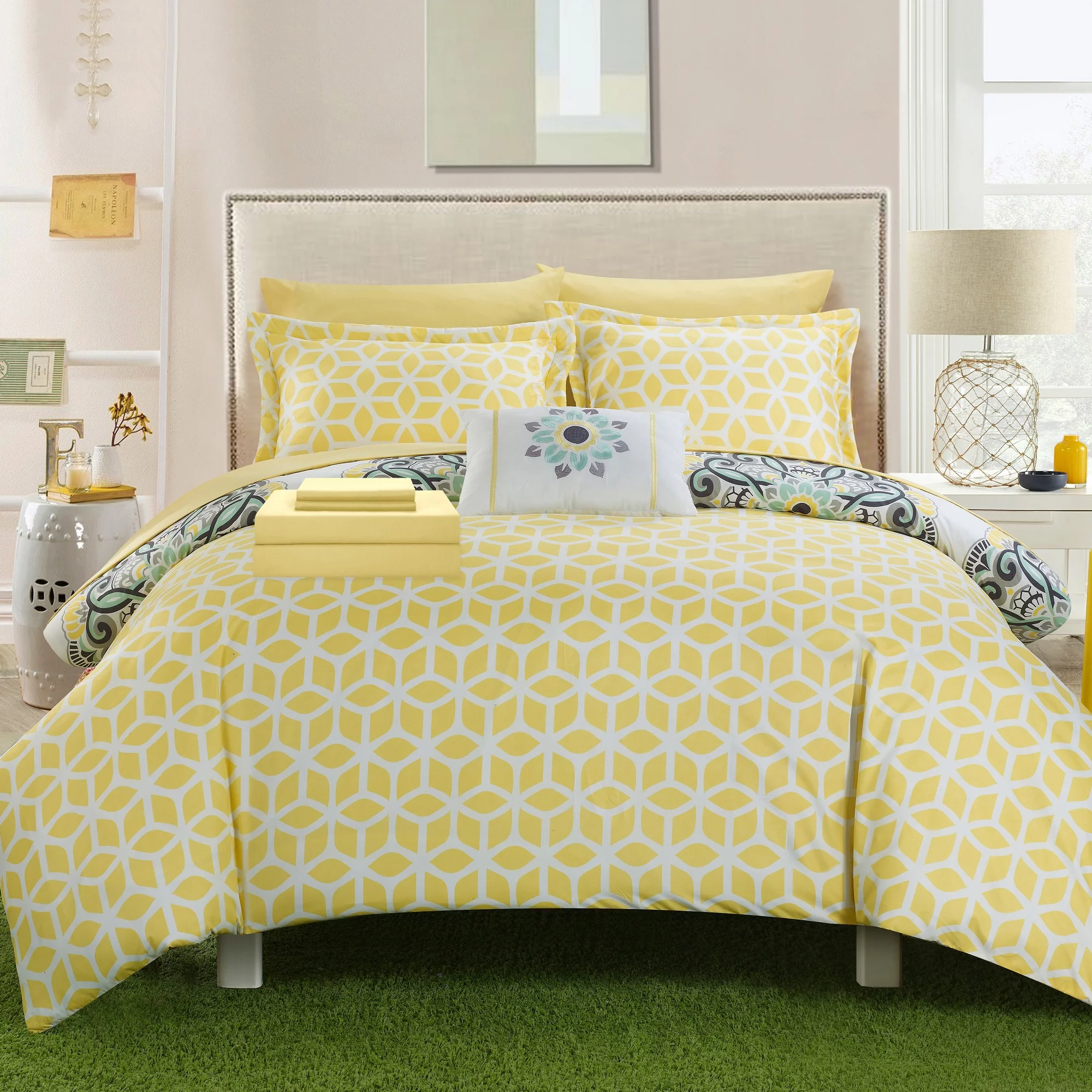 Chic Home Pernilla Reversible 8 Pieces Comforter Set Super Soft Microfiber Large Printed Medallion Design - Full/Queen 86x86, Yellow