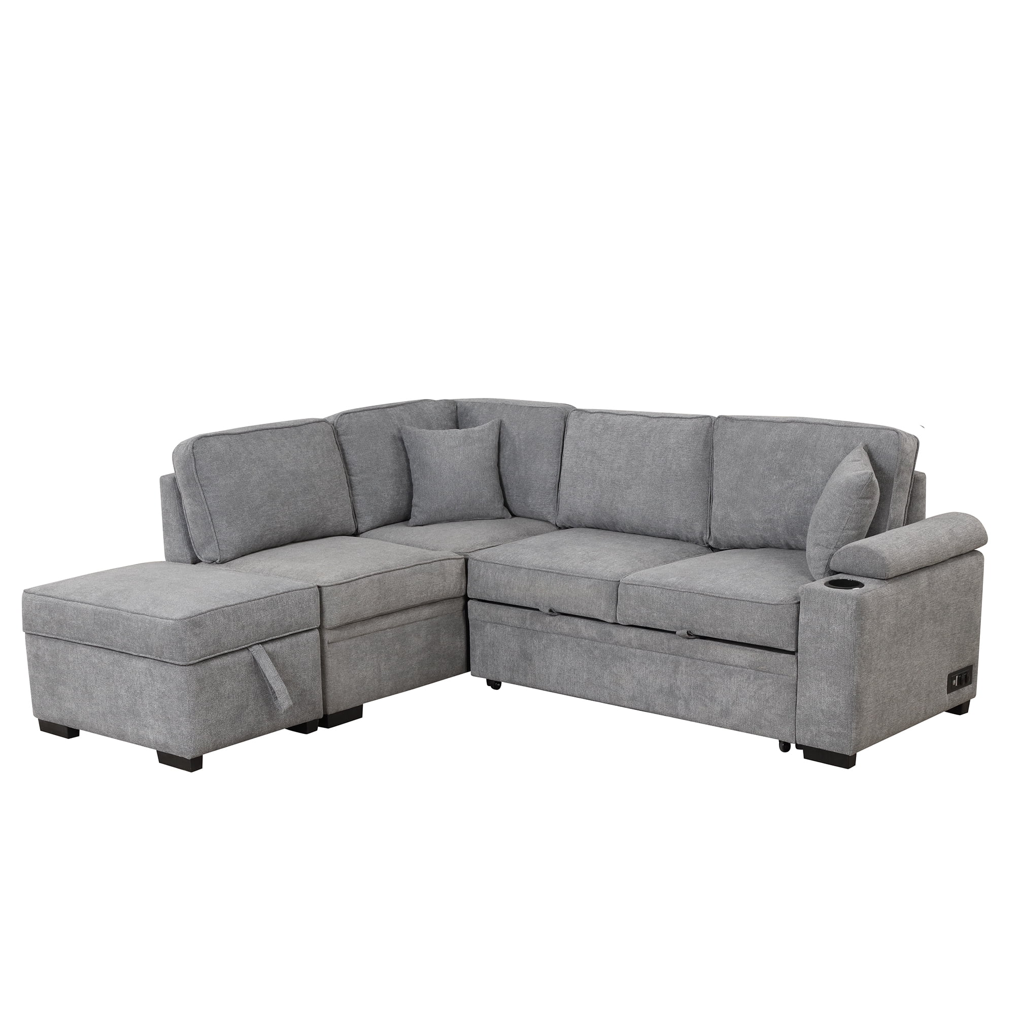 Euroco Sleeper Sofa Bed 5 Seat, Pull Out Sofa Bed with USB Ports L Shape Couch with Storage Ottoman for Living Room Bedroom, Gray