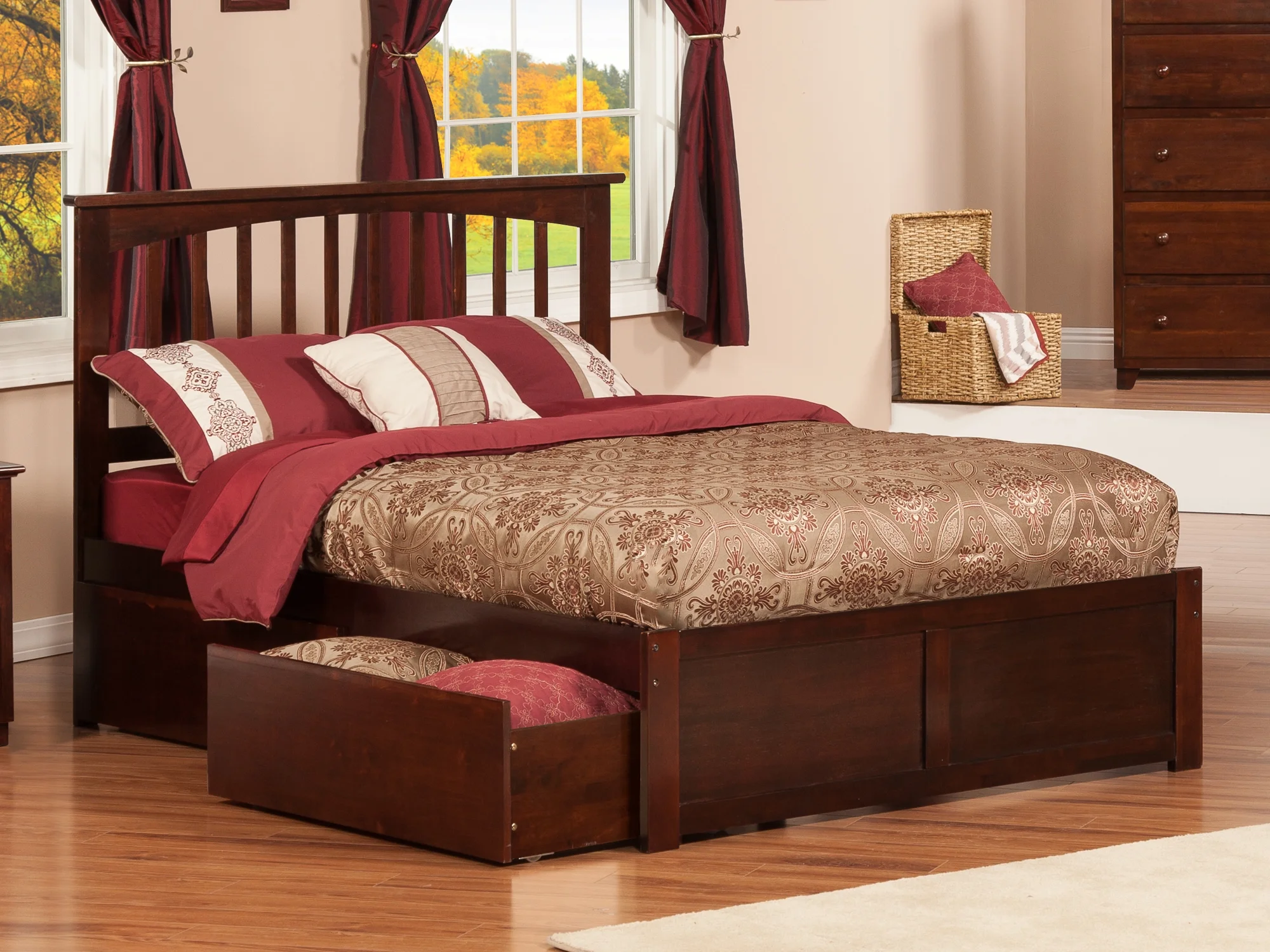 Mission Platform Bed with Flat Panel Foot Board and 2 Urban Bed Drawers in, Multiple Colors and Sizes