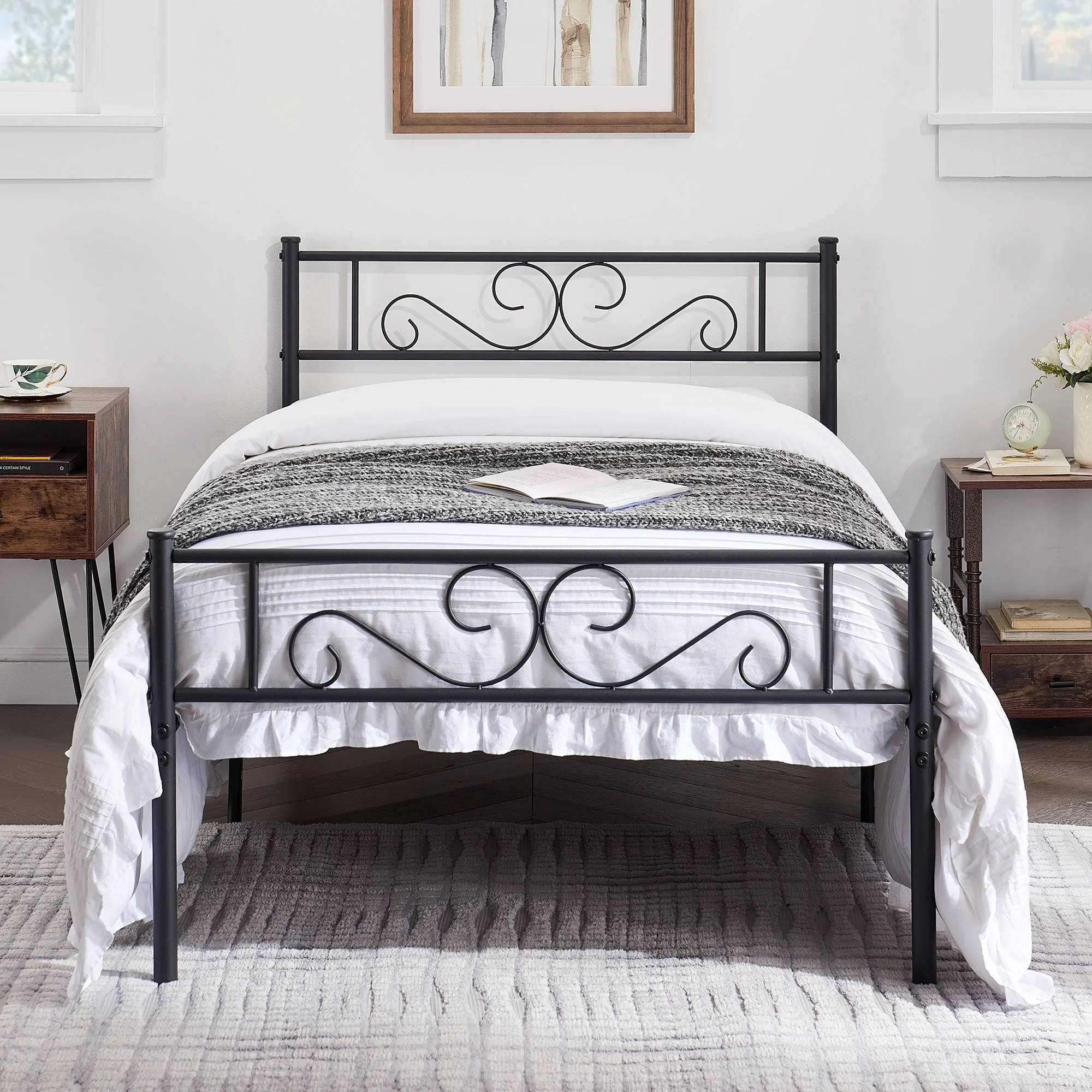 VECELO Twin Size Metal Platform Bed Frame with Modern Headboard & Footboard, No Box Spring Needed, Black