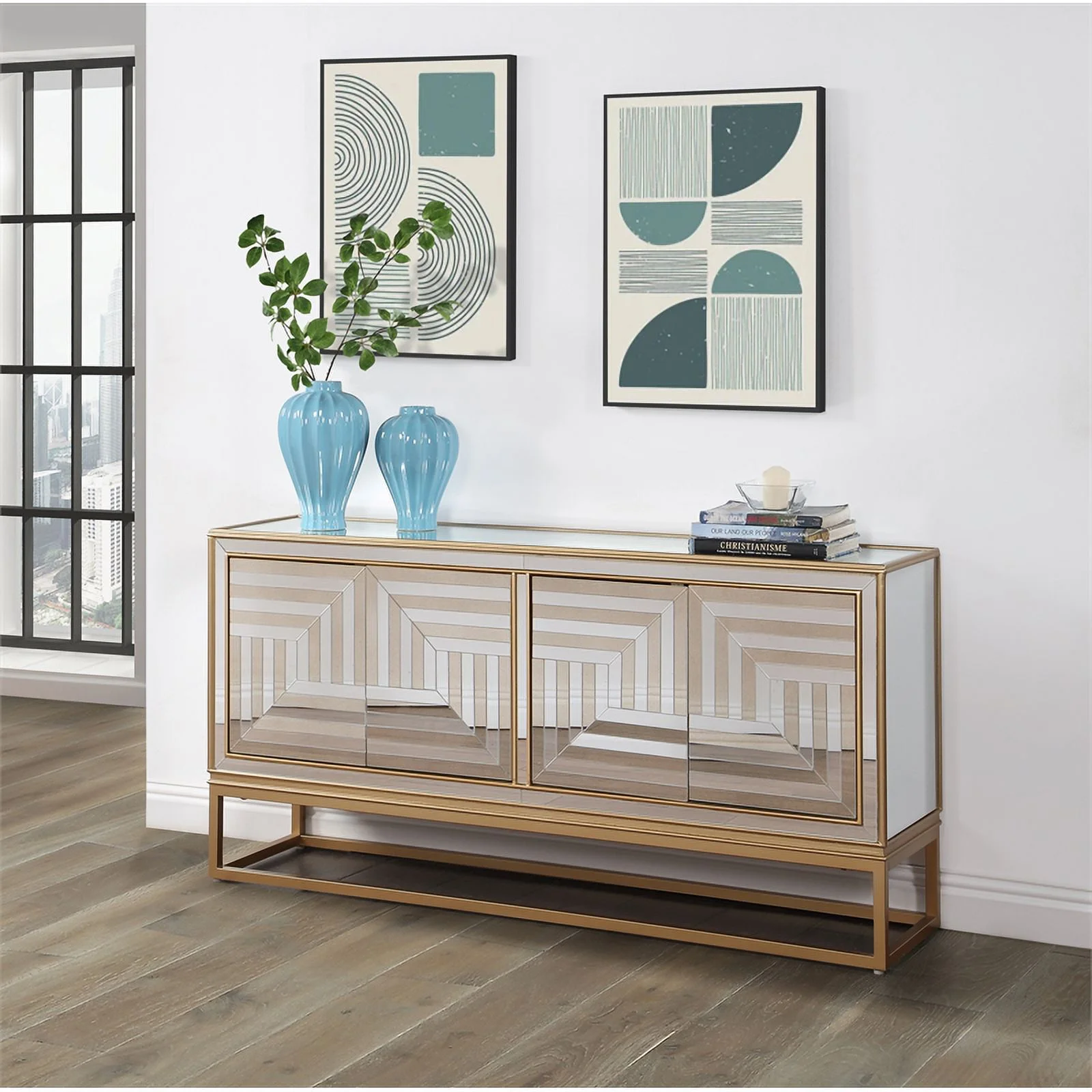 Pemberly Row Contemporary 4-Door Wood Credenza in Gold and Mirror