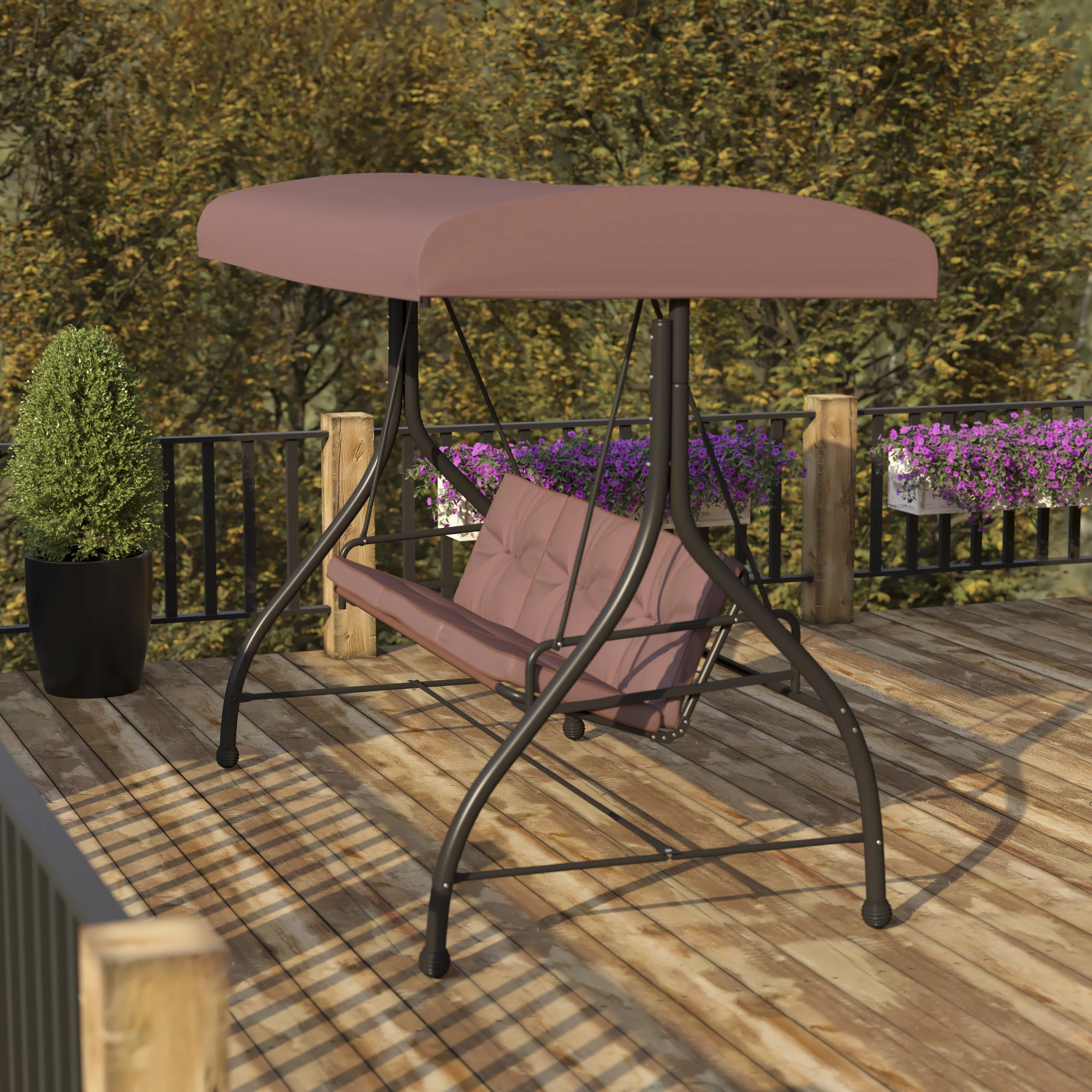 BizChair 3-Seat Outdoor Steel Converting Patio Swing Canopy Hammock with Cushions / Outdoor Swing Bed (Brown)
