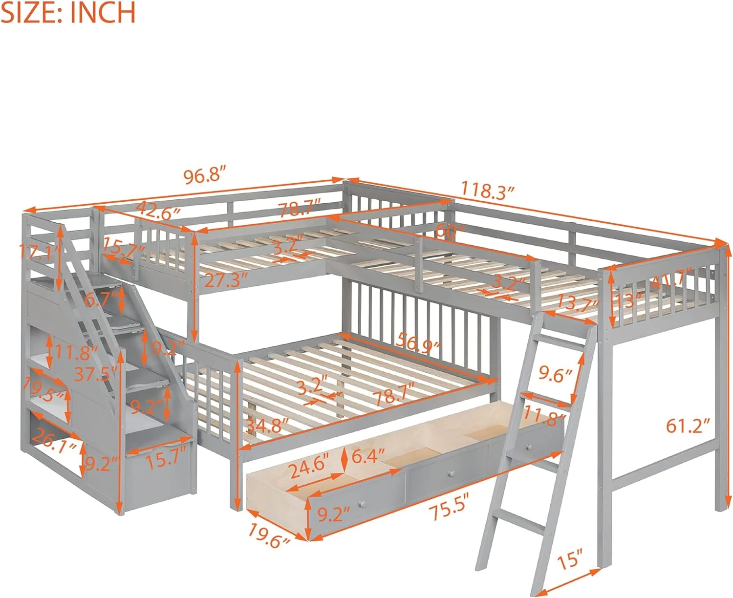 L Shaped Buk Bed With Stairs Ad Storage, Over Full Size Triple Buk Bed For 3, Wood Corer Beds For Kids, Tees, Adults. o Box Sprig eeded (Gray)