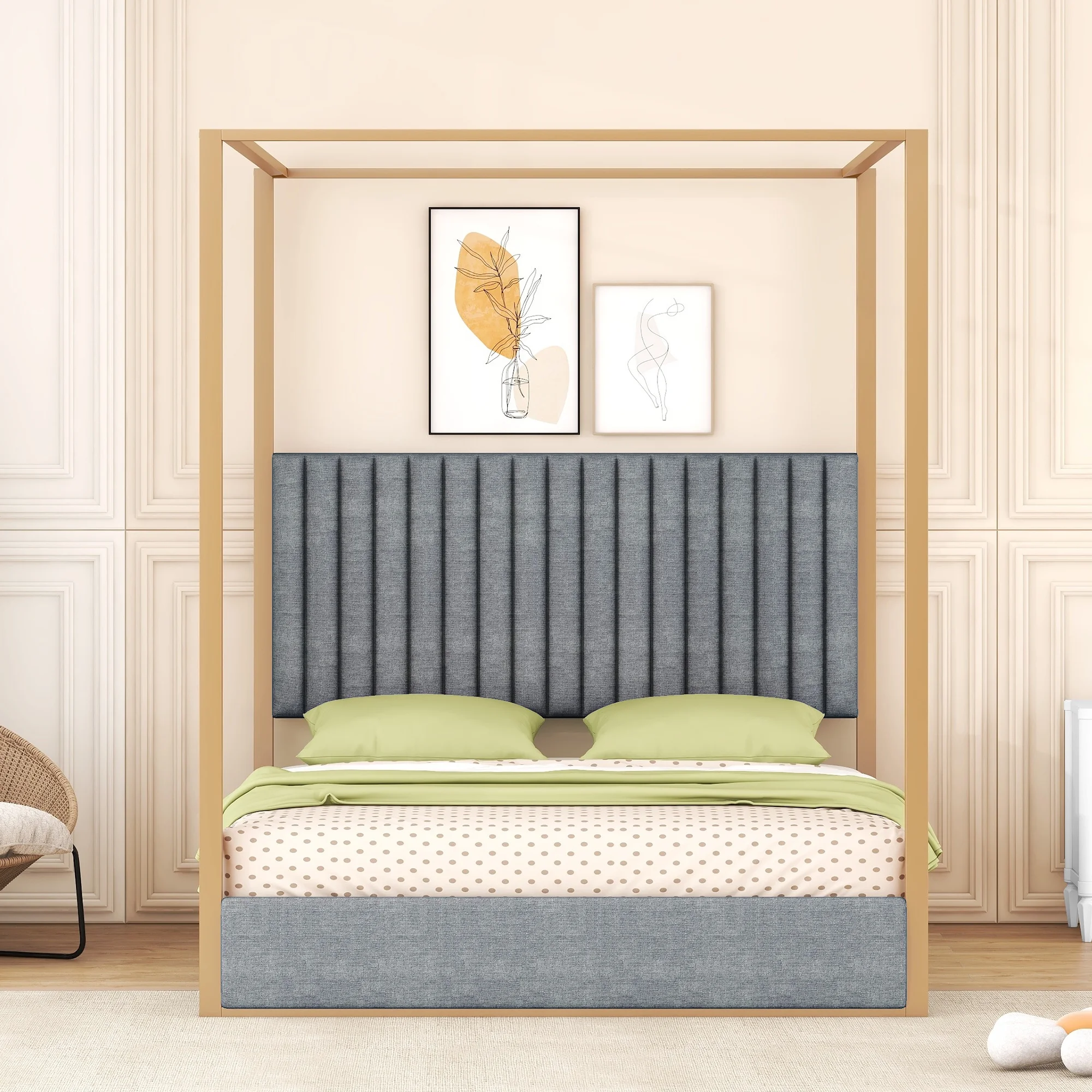 Euroco Upholstery Queen Size Canopy Platform Bed with Upholstery Headboard and Metal Bed Frame, Gray