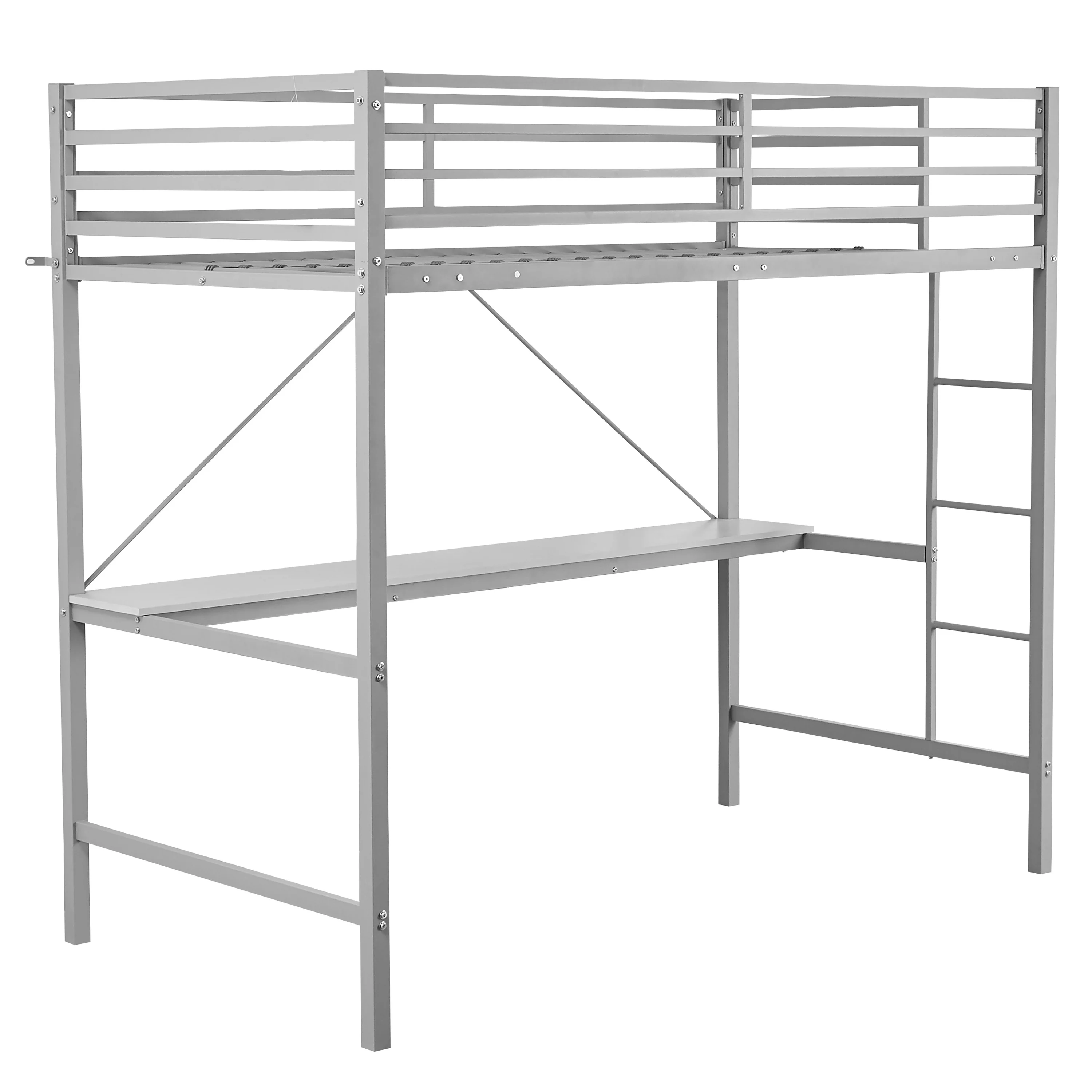Emma + Oliver Twin Size Loft Bed Frame with Desk, Protective Guard Rails and Ladder in Gray Steel for Kids and Teens