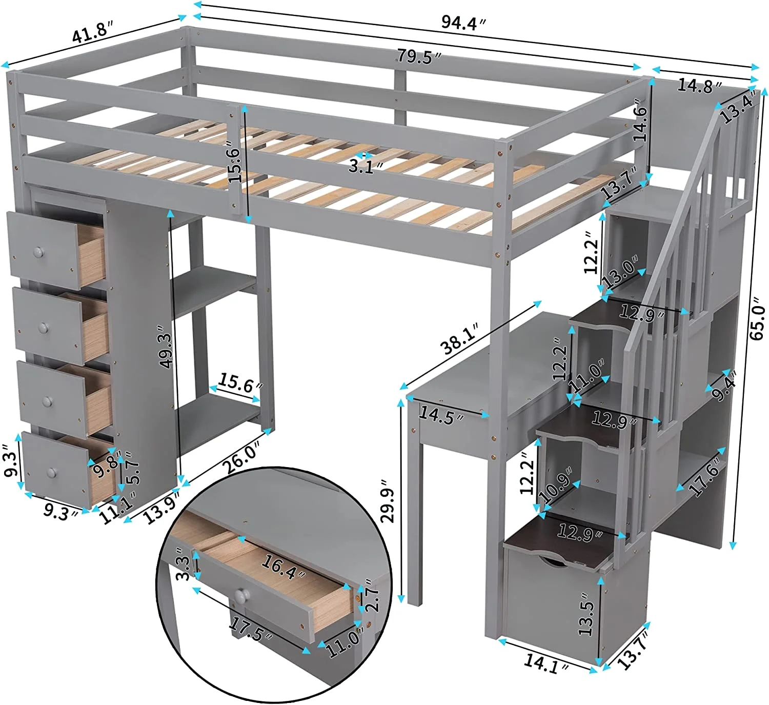Size Loft Bed With Desk, Loft Bed Frame With Storage Drawers And Stairs, Wooden Loft Bed With Shelves, Gray