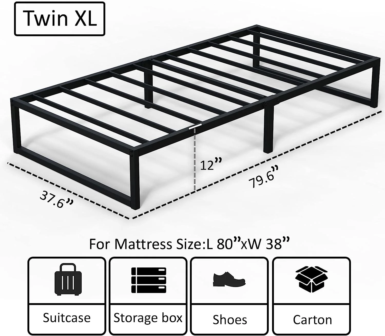 Lutown-Teen 12 Inch Twin XL Bed Frames No Box Spring Needed, Heavy Duty XL Twin Metal Platform Bed Frame, Noise Free, Easy Assembly, Black